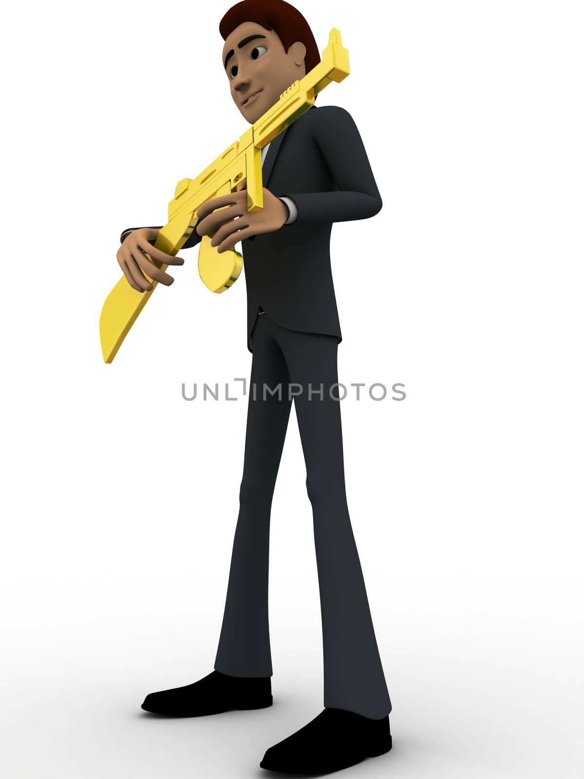 3d man holding golden gun concept on white background, side angle view