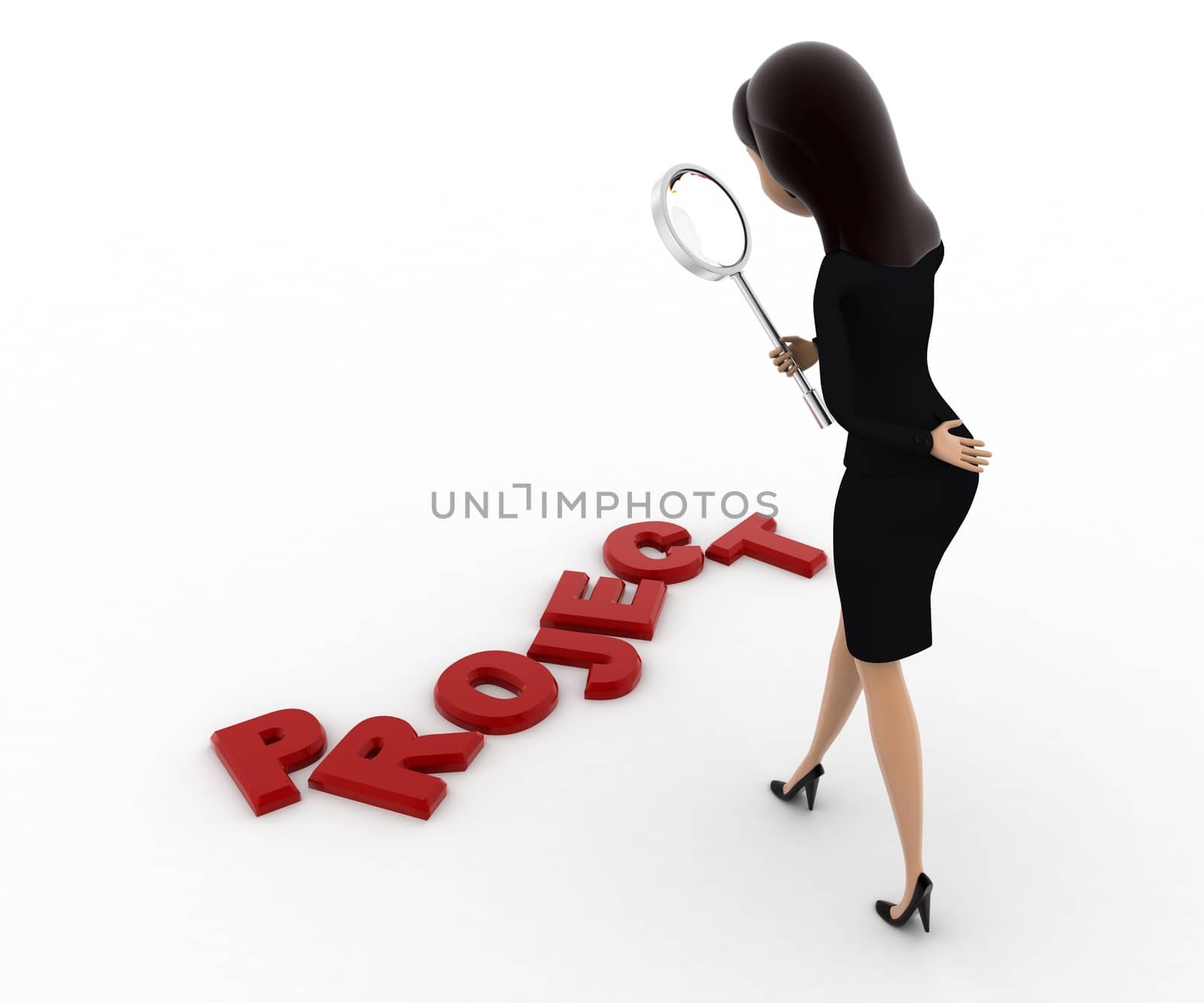 3d woman examine project using magnifying glass concept on white background, front angle view