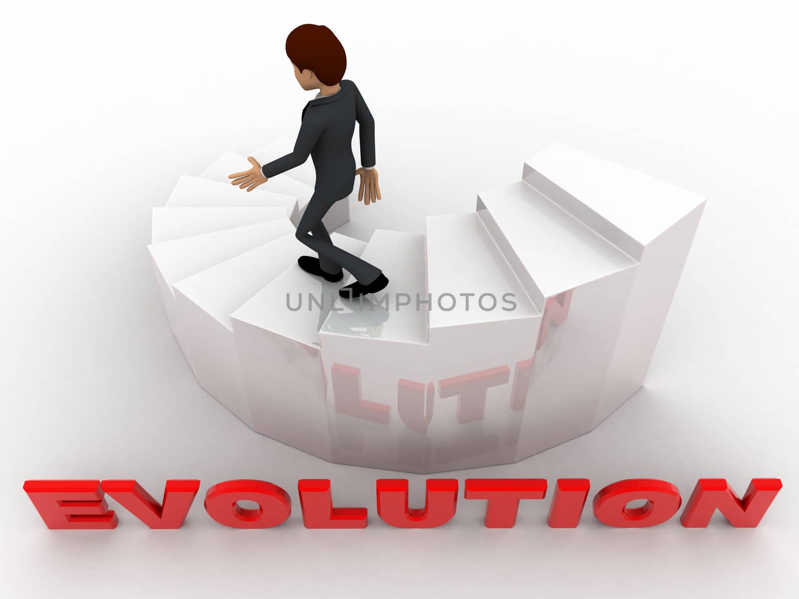 3d man walking on stair with evolution concept on white background, top angle view