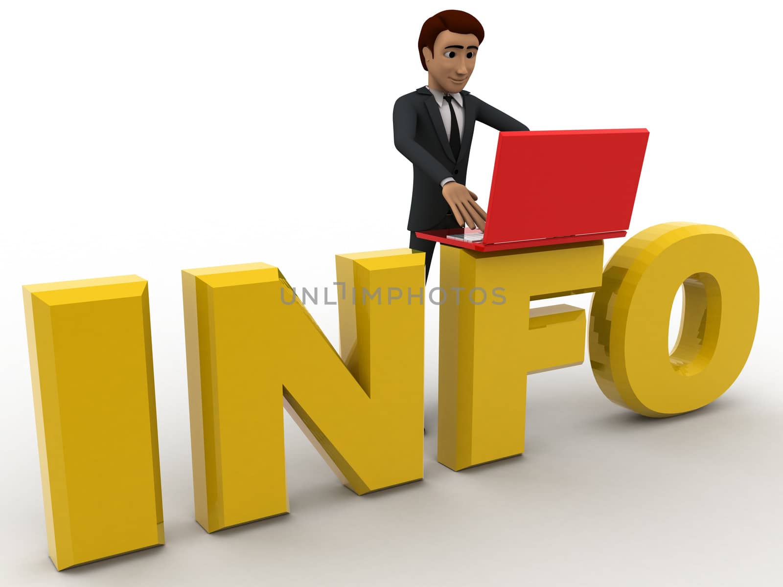 3d man with info text and working on red laptop computer concept on white background, front angle view