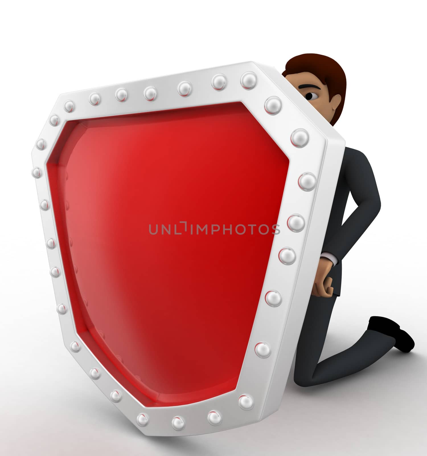 3d man hiding behind shield concept on white background, left side angle view