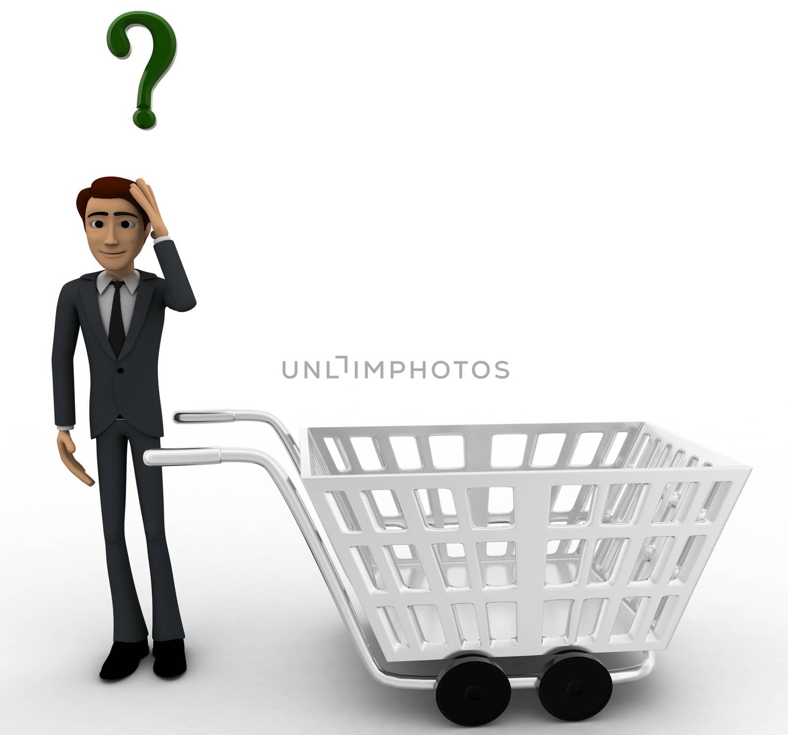 3d man confused and with cart and green question mark concept on white background, front angle view