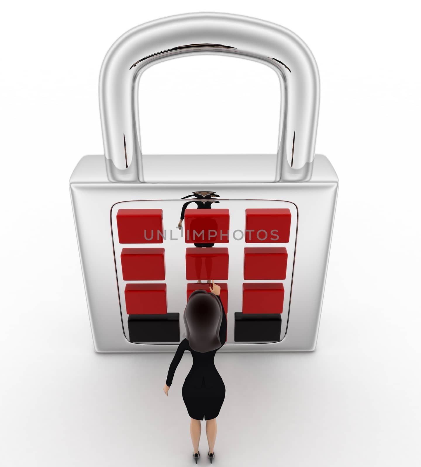 3d woman with lock and password system concept on white background, top angle view