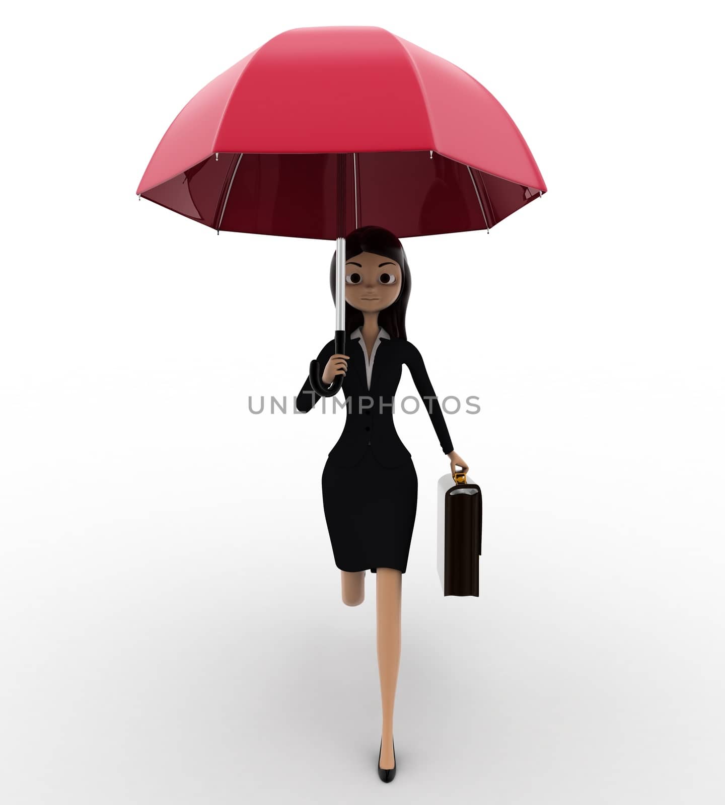 3d woman running for office with pink umbrella and briefcase concept on white background, front angle view