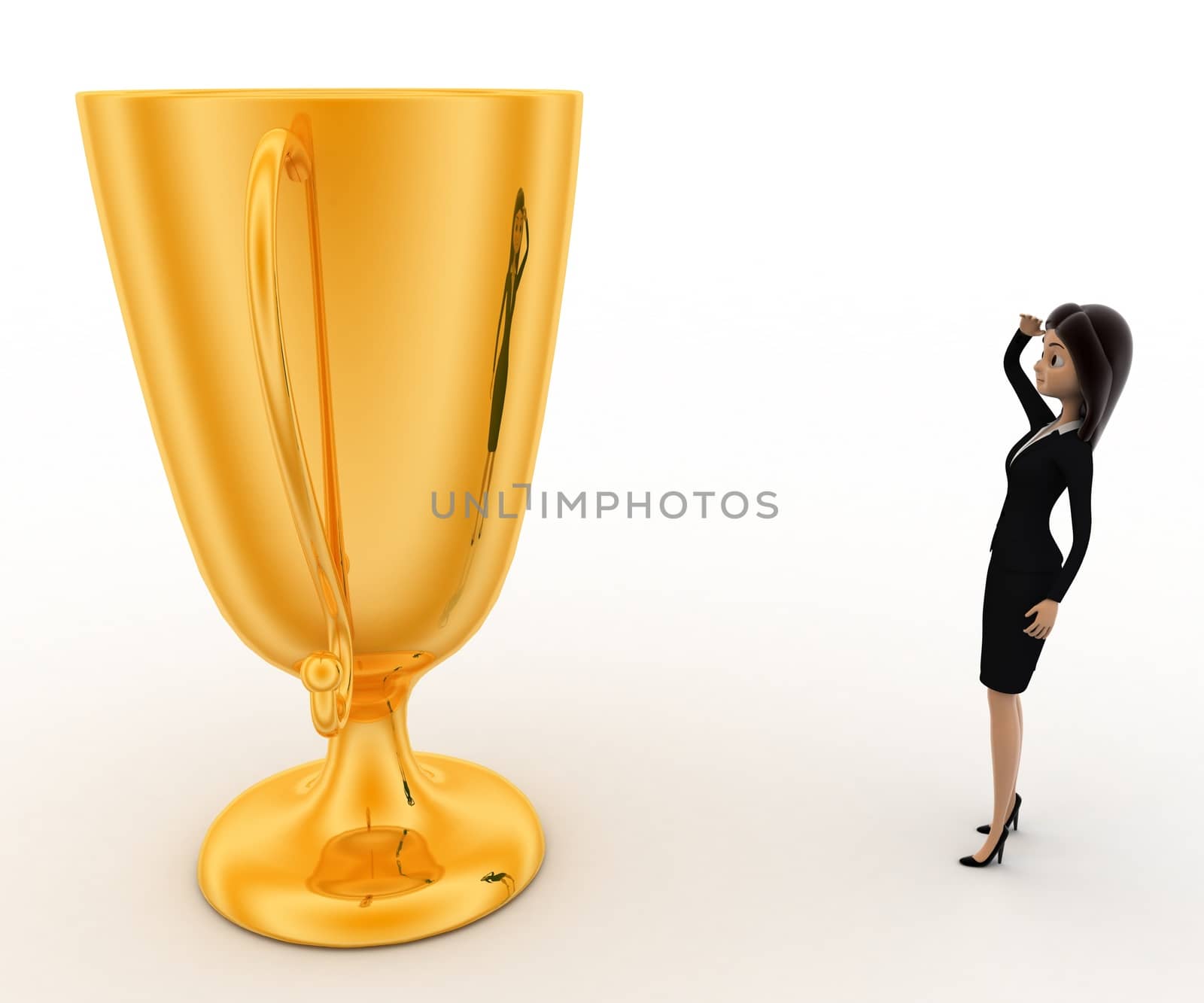 3d woman thinking about big golden cup award concept by touchmenithin@gmail.com