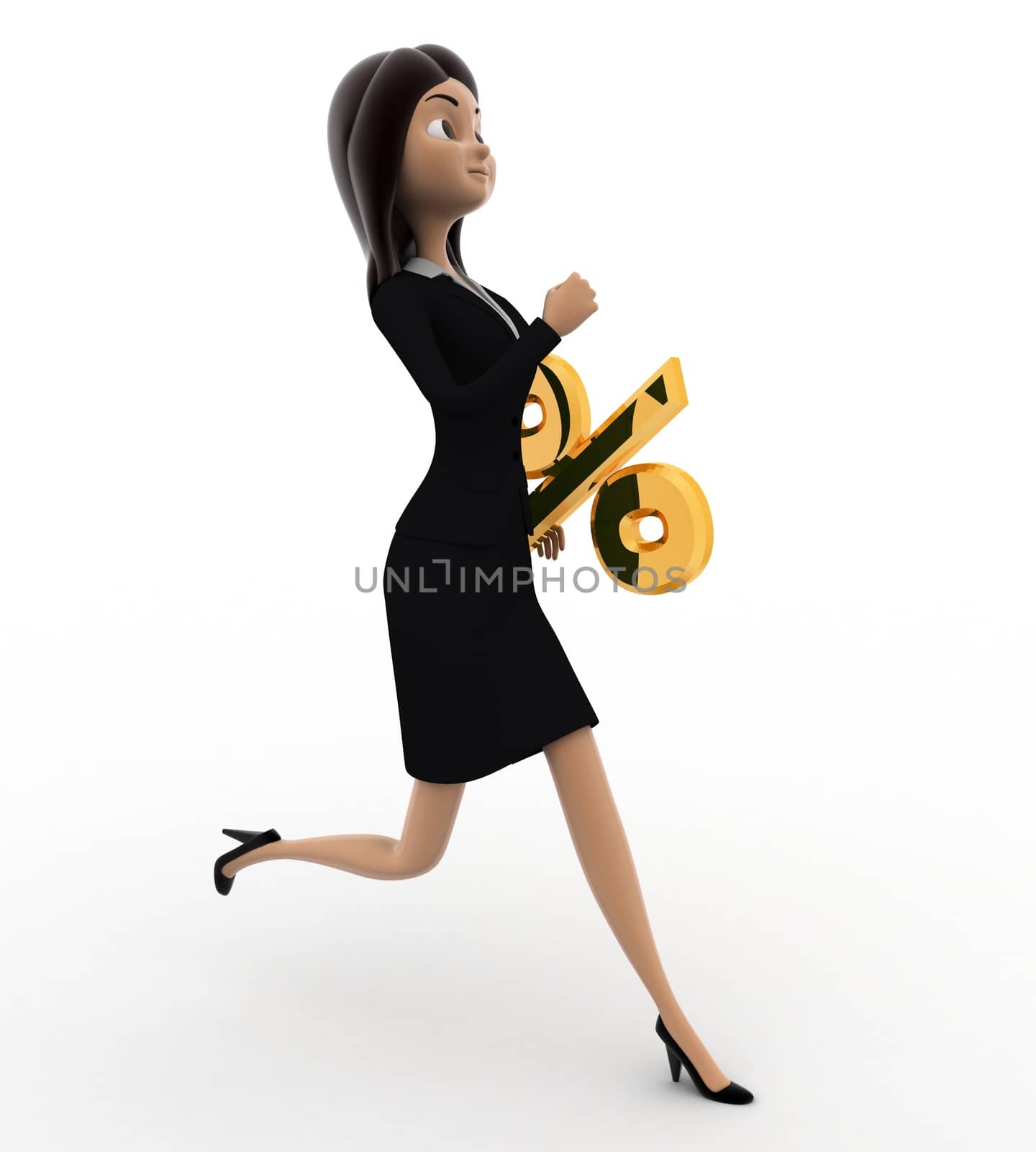 3d woman running with question mark concept on white background,  side angle view