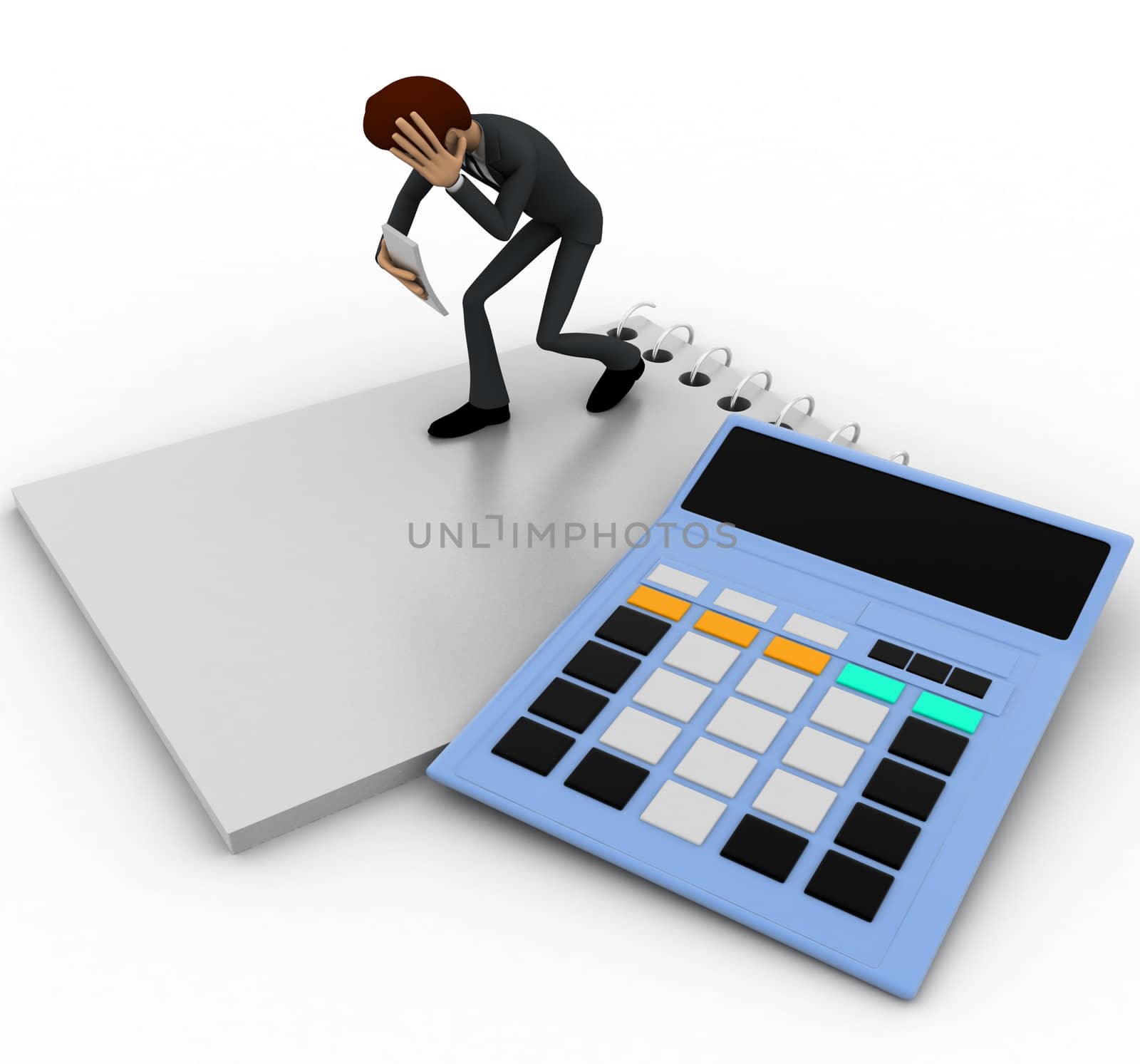 3d man in stress while reading bill accounts concept on white background, front angle view