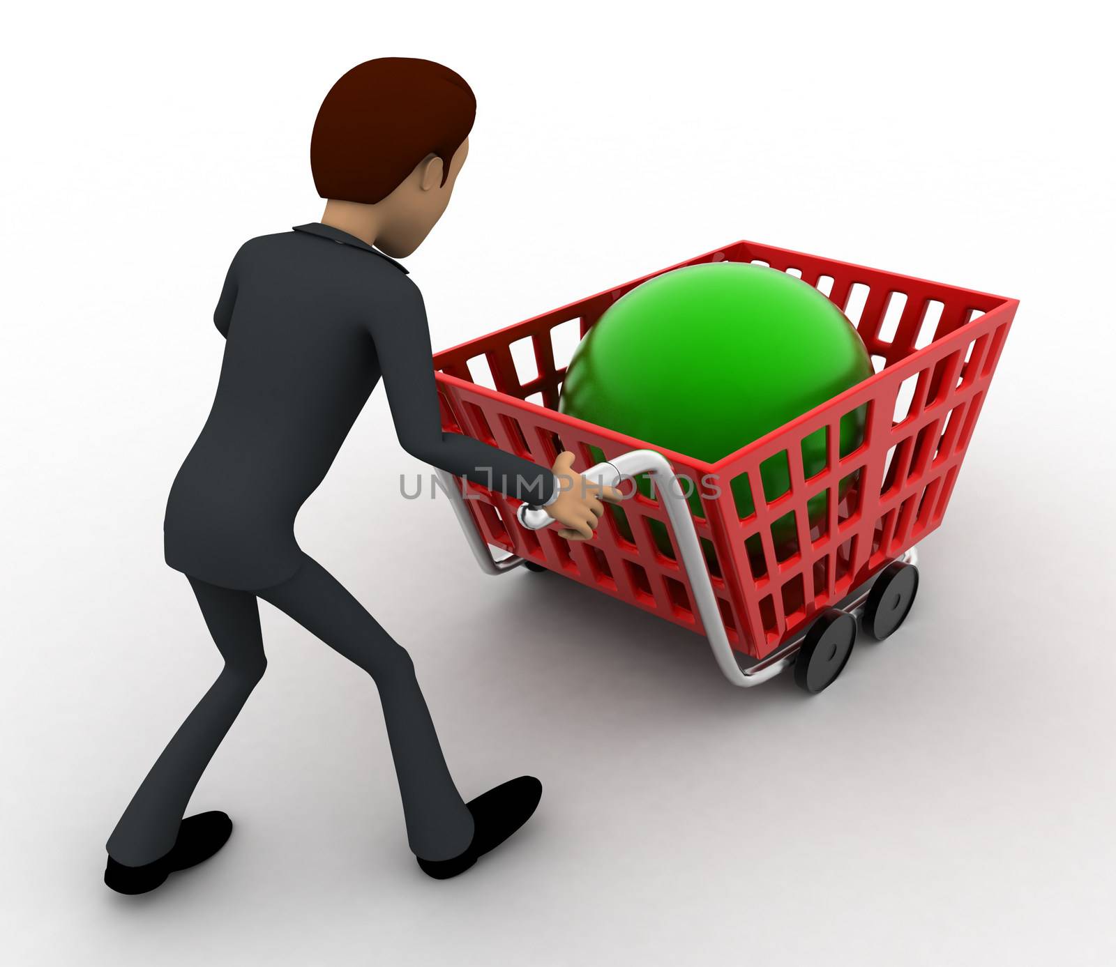 3d man with red shopping cart and green sphere in it concept on white background, back angle view