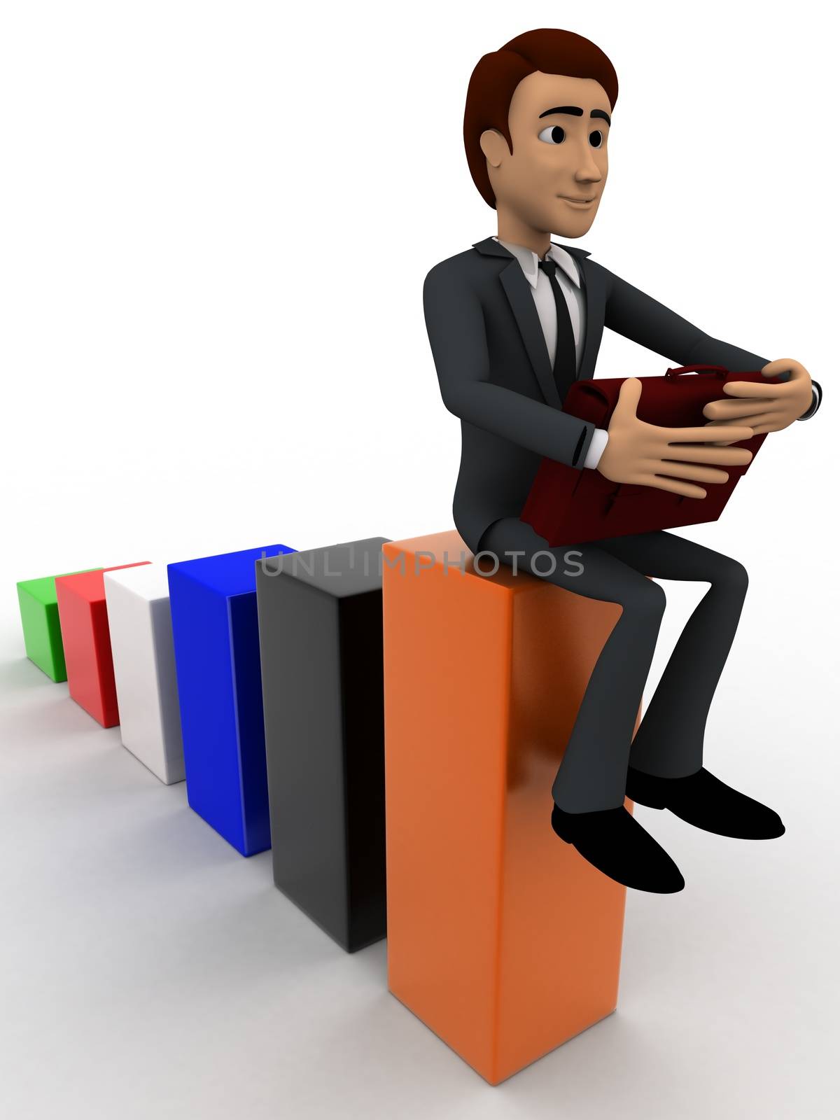 3d man sitting on bar graph and working  concept by touchmenithin@gmail.com