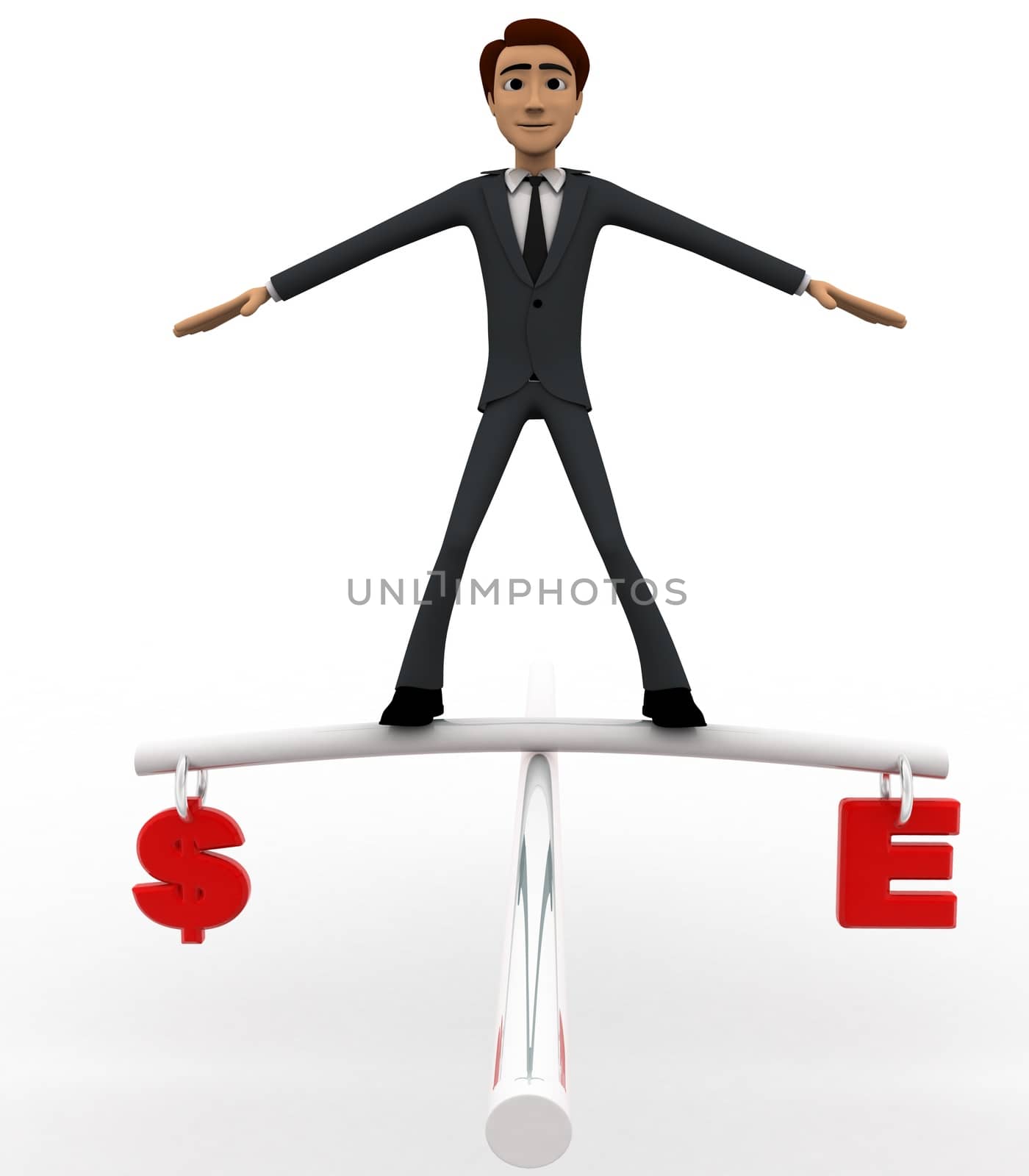 3d man balancing dollar and euro currency on rope concept on white background, front angle view