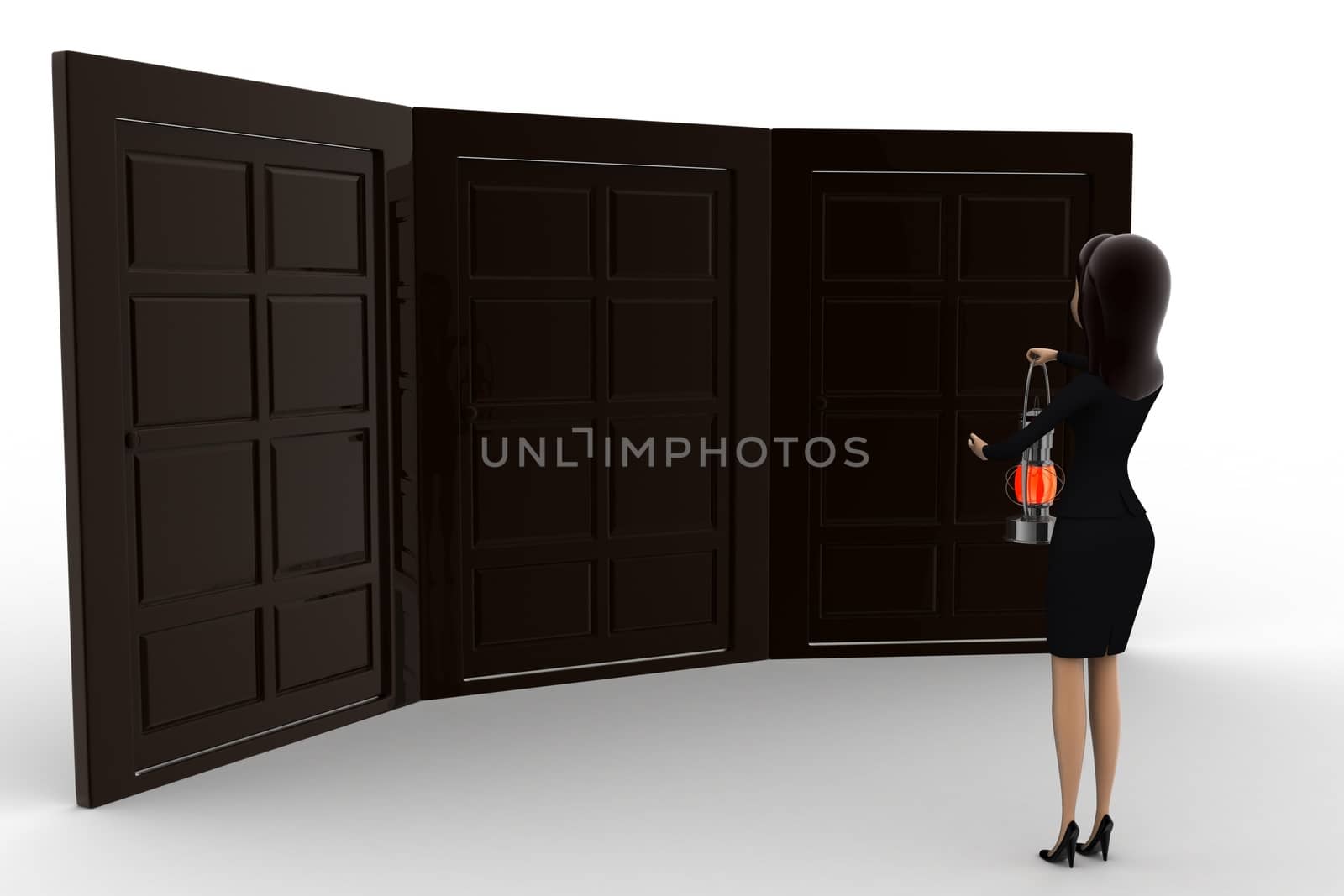 3d woman with oil lamp and three different doors concept by touchmenithin@gmail.com