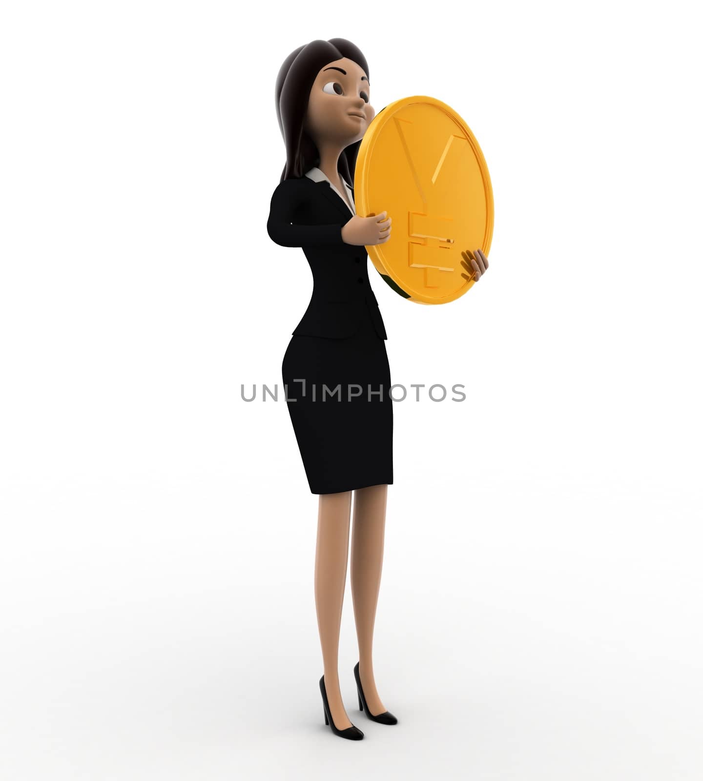 3d woman with golfen yen currency coin concept on white background, low  angle view