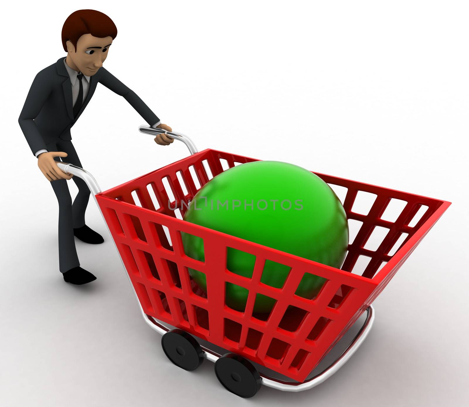 3d man with red shopping cart and green sphere in it concept by touchmenithin@gmail.com