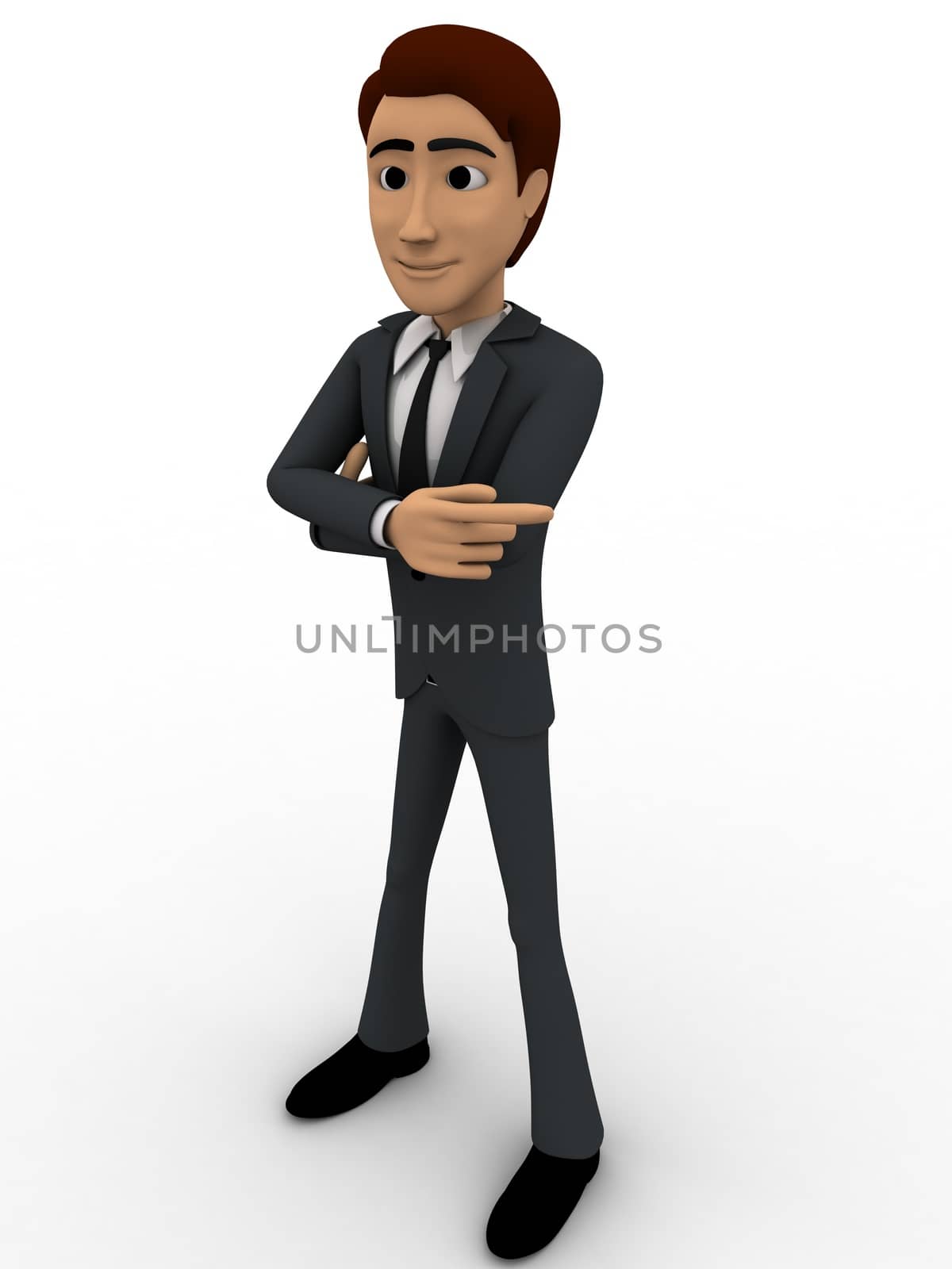 3d man pointing in one direction concept on white background, side  angle view