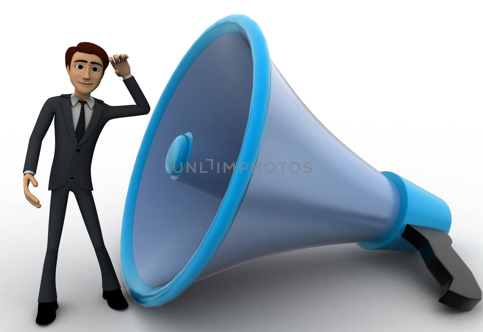 3d man listening to big blue speaker concept on white background, front angle view