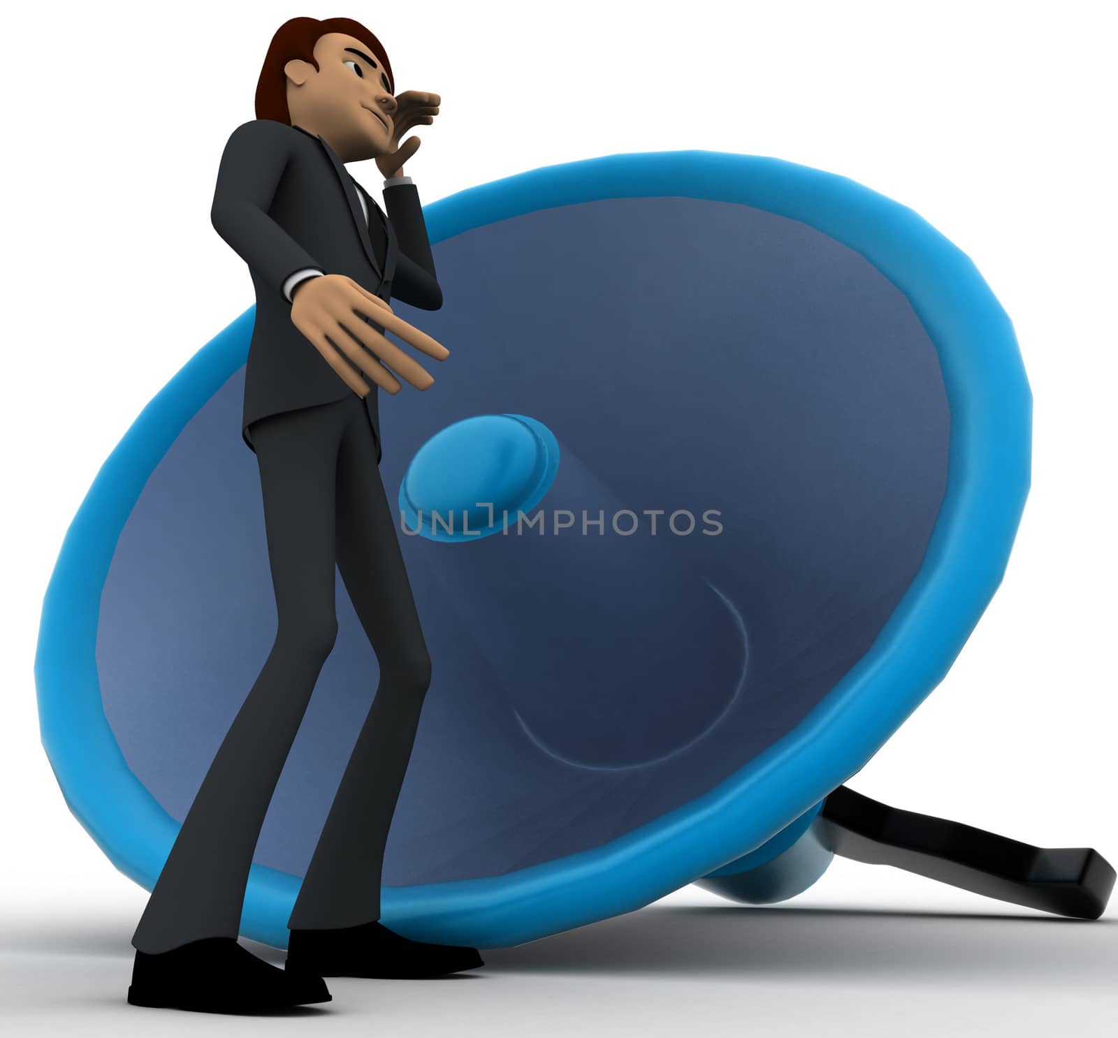 3d man listening to big blue speaker concept on white background,  low  angle view