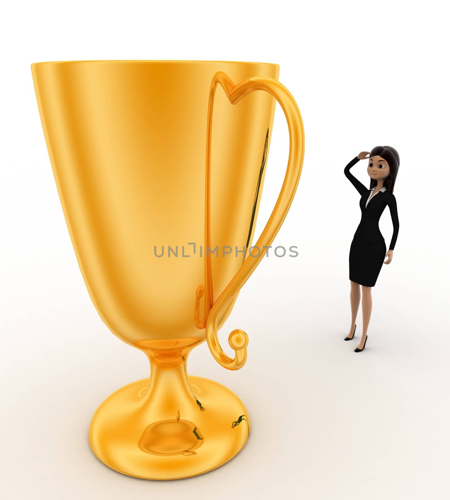 3d woman thinking about big golden cup award concept on white background, sideangle view