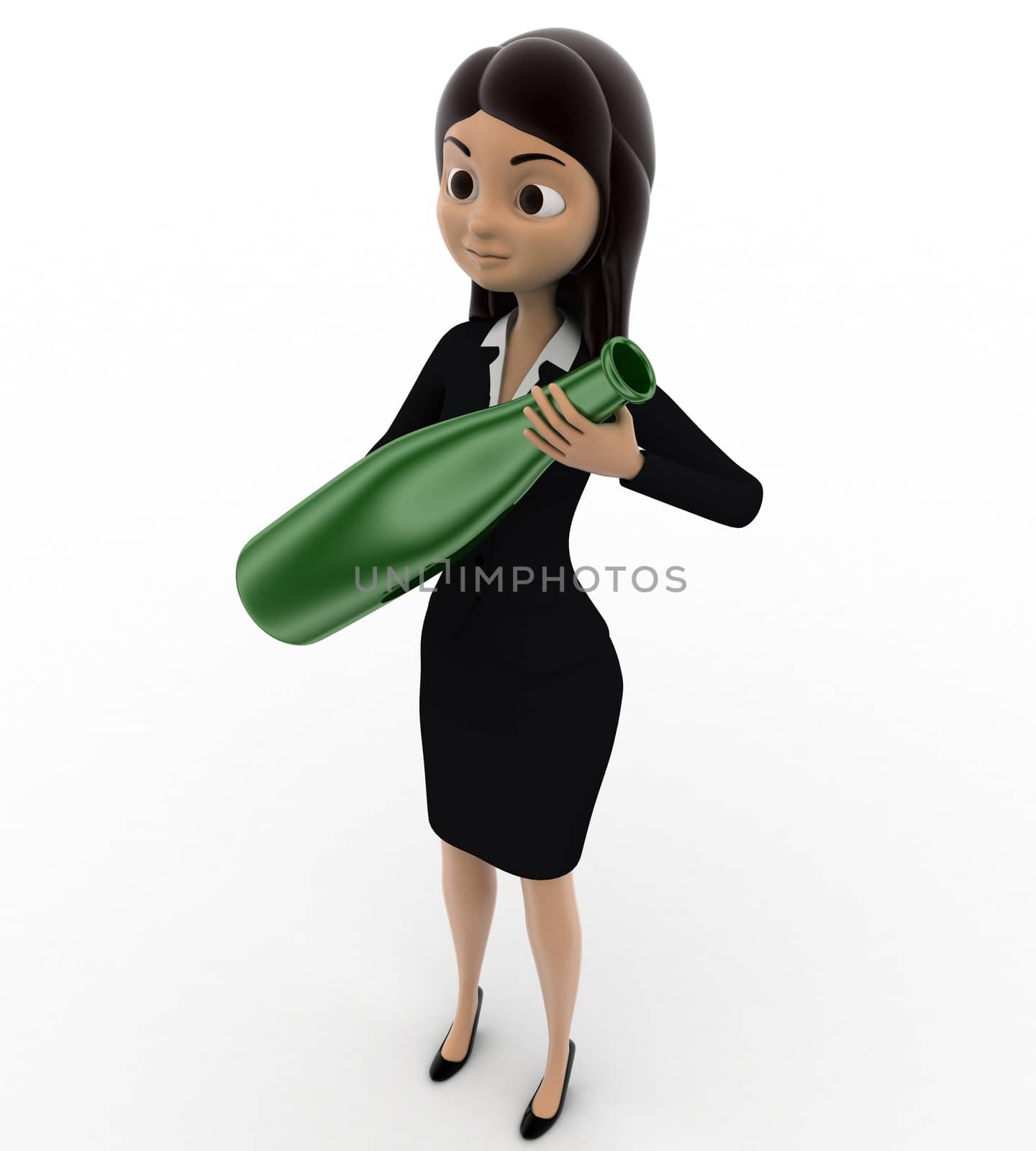 3d woman with green bottle concept on white background, top angle view