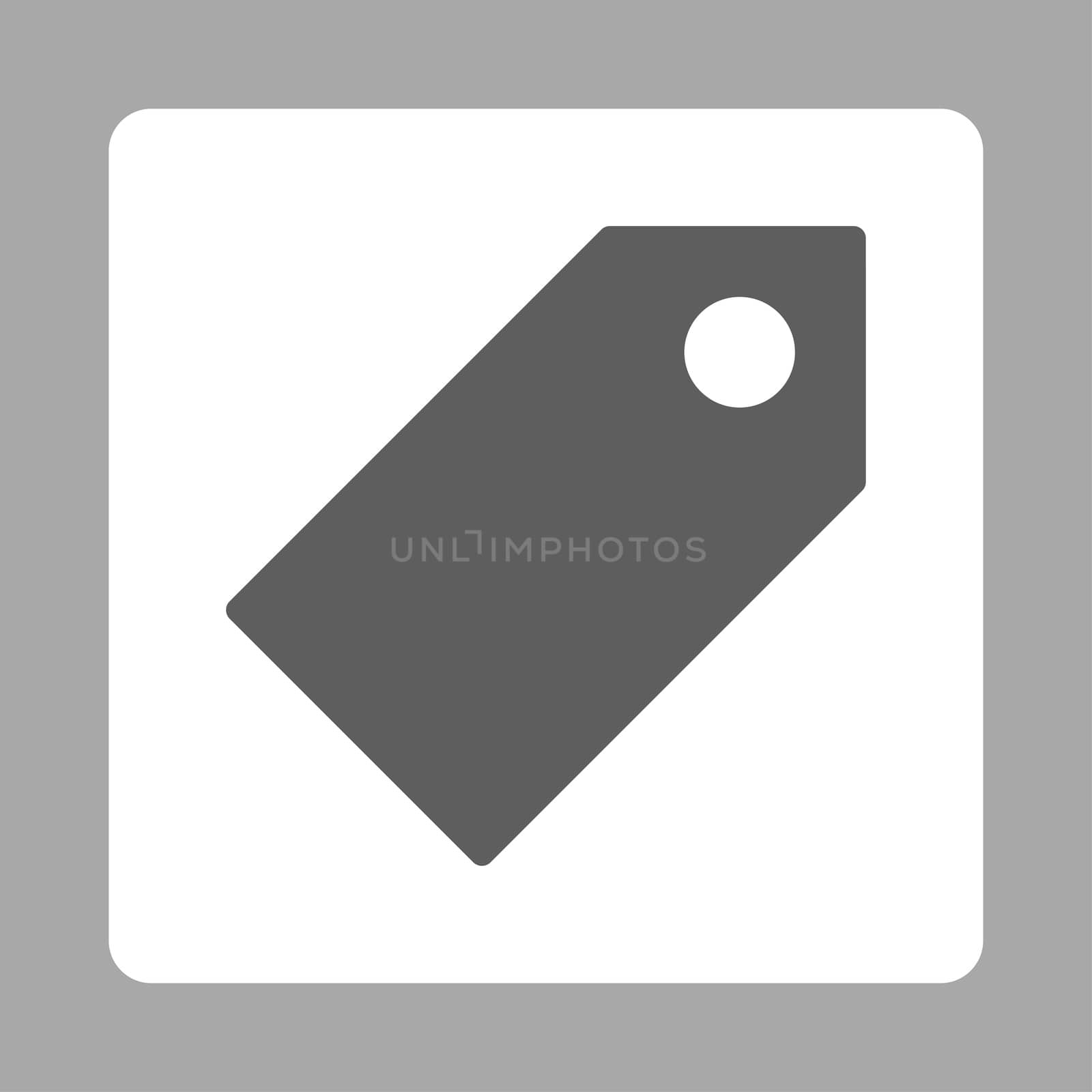 Tag icon from Primitive Buttons OverColor Set. This rounded square flat button is drawn with dark gray and white colors on a silver background.