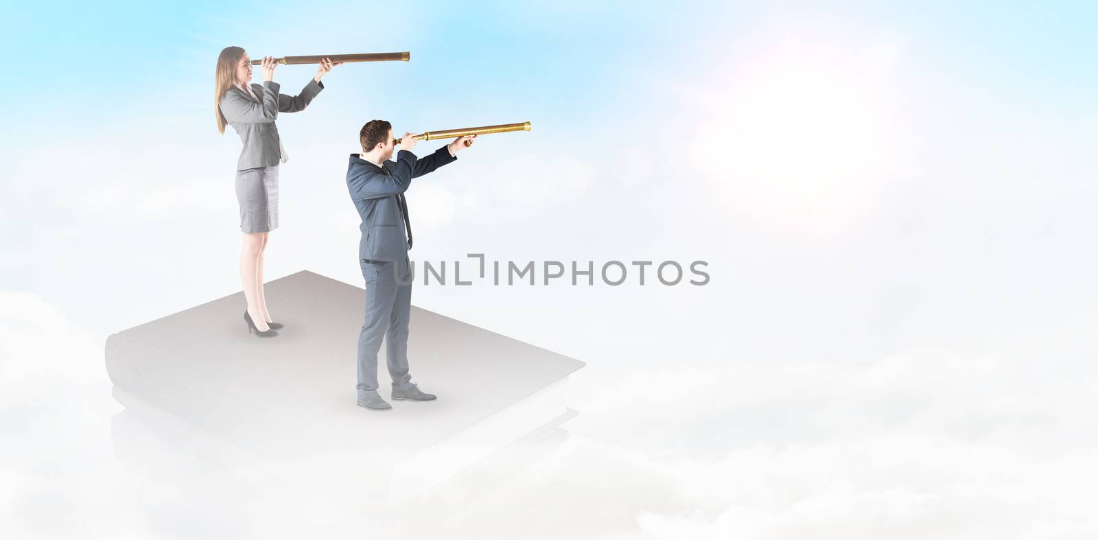 Businesswoman looking through a telescope against blue sky with white clouds