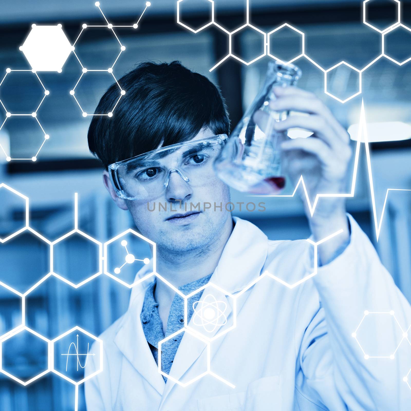 Science graphic against scientist looking at a liquid in an erlenmeyer flask
