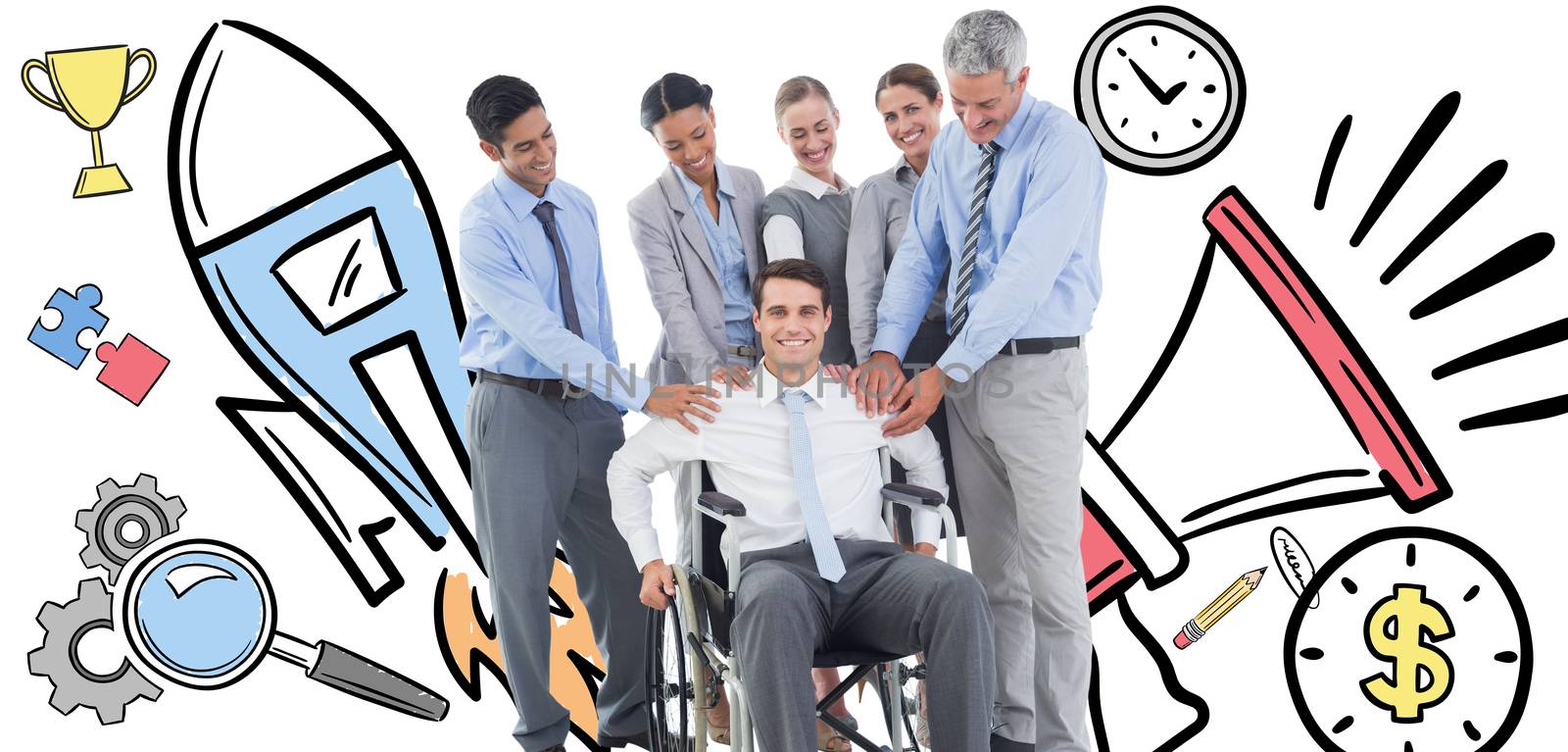 Business people supporting their colleague in wheelchair  against icons