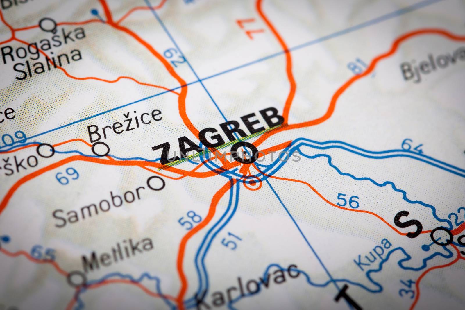 Zagreb city on a road map