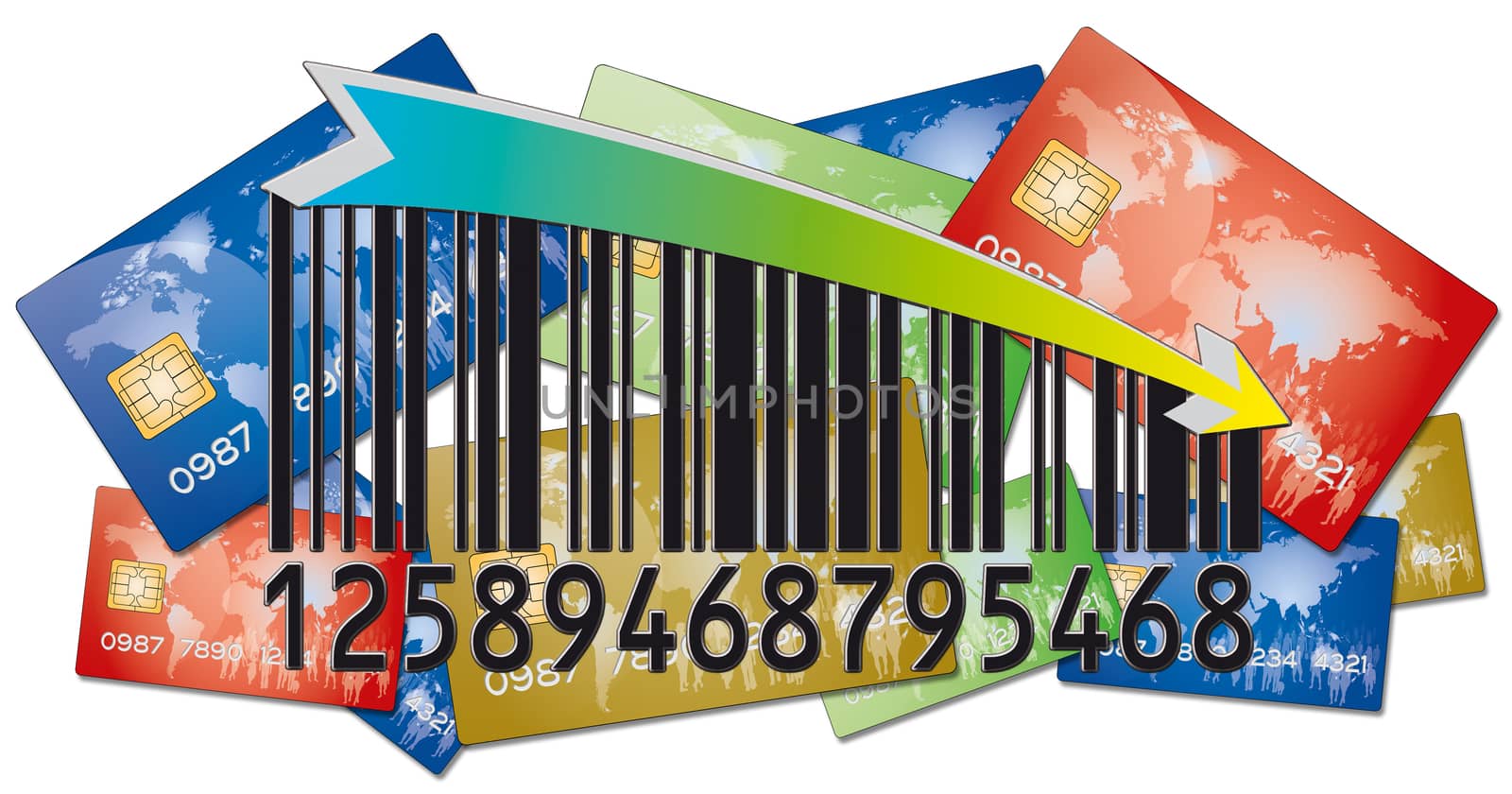 several bank credit cards for payment with a bar code
