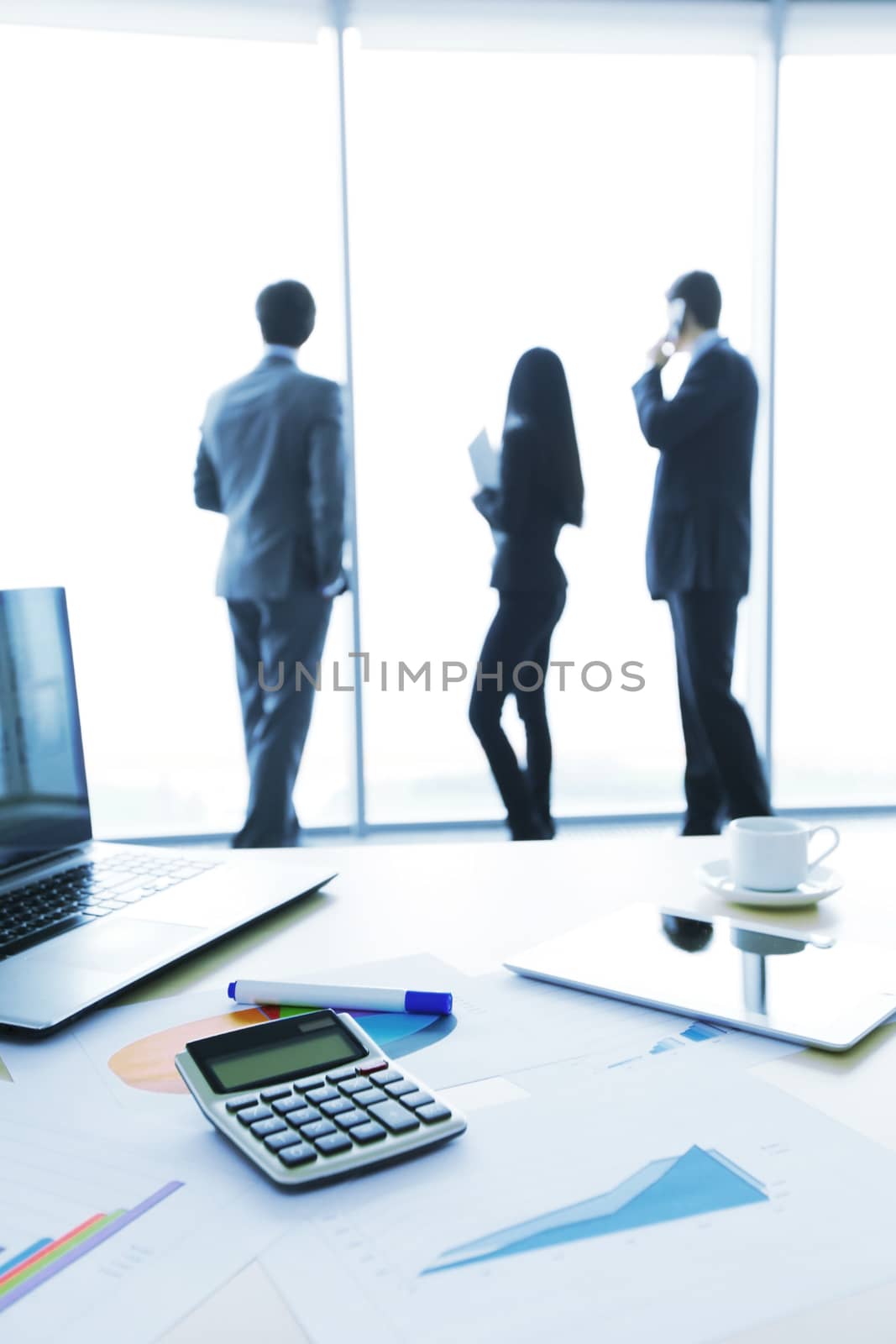 Businessmen and financial documents with research at modern office