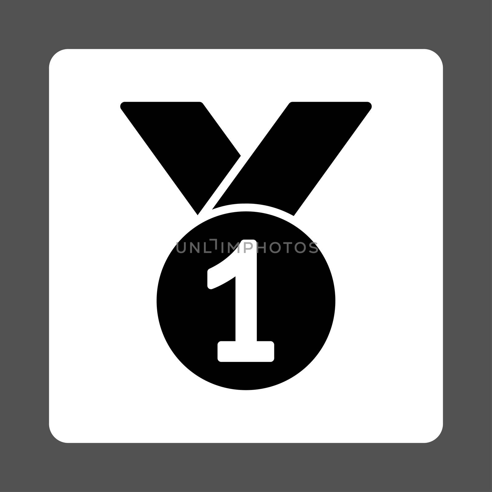 Gold medal icon from Award Buttons OverColor Set. Icon style is black and white colors, flat rounded square button, gray background.