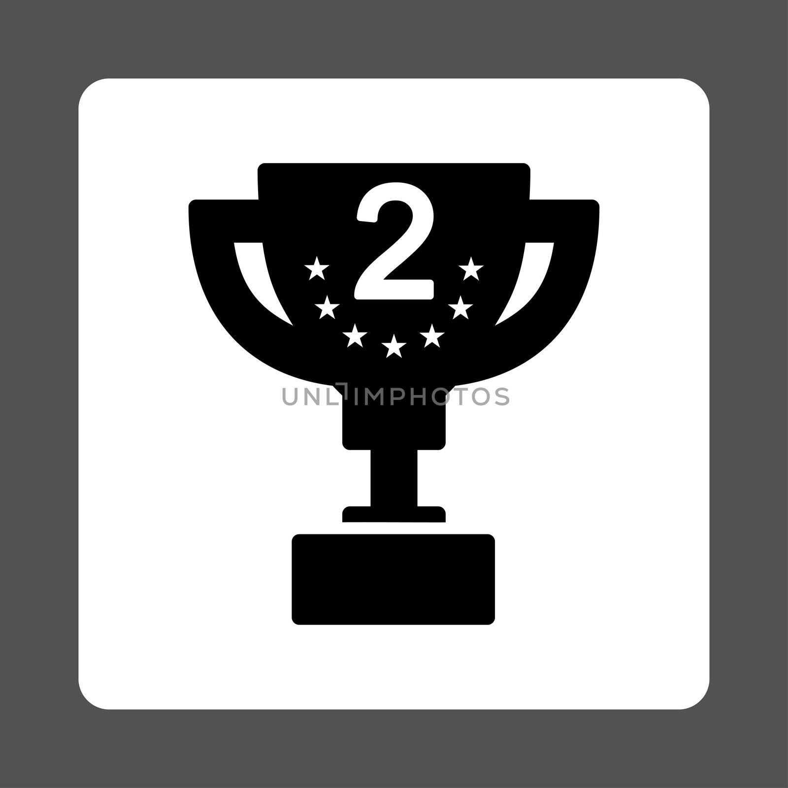 Second prize icon from Award Buttons OverColor Set. Icon style is black and white colors, flat rounded square button, gray background.