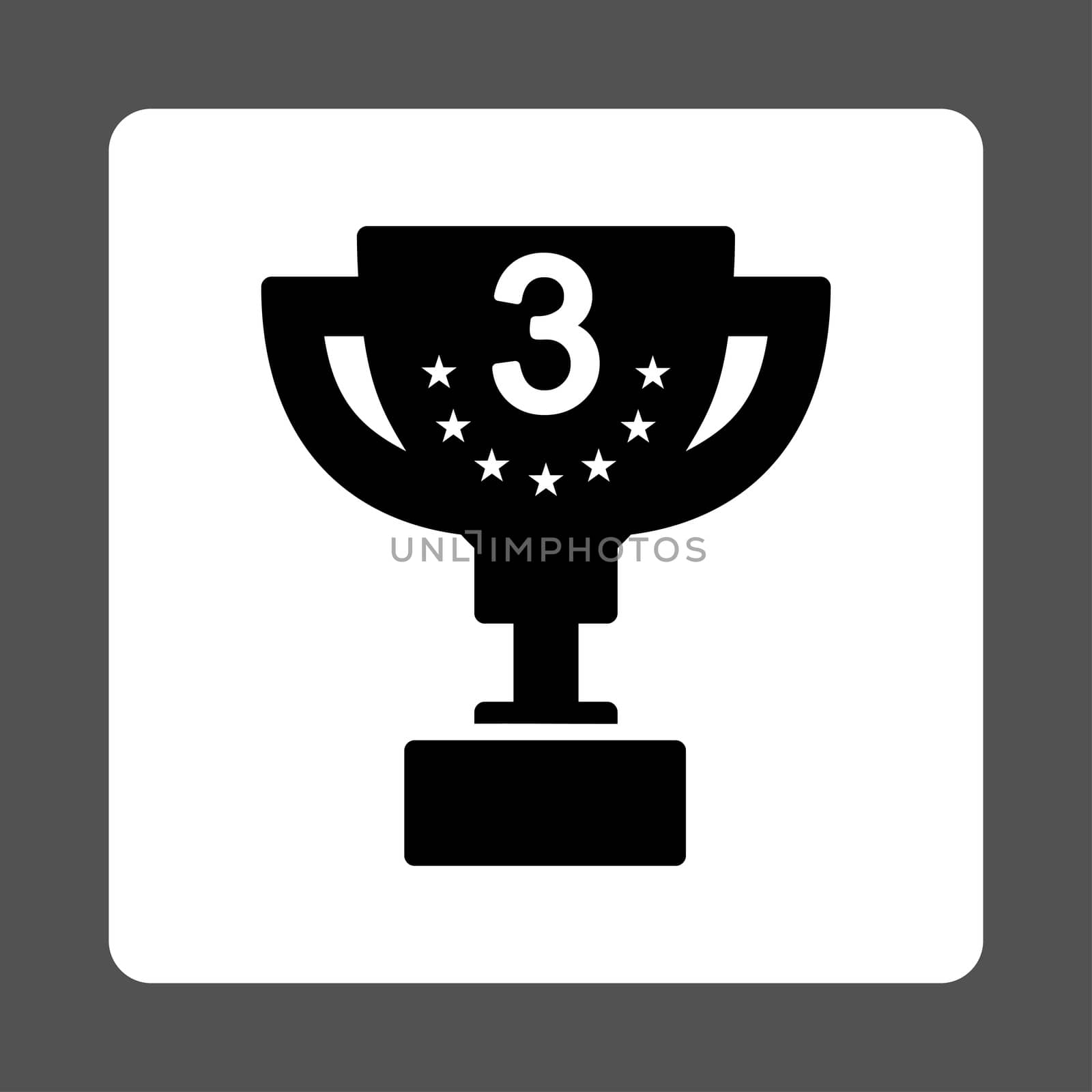 Third prize icon from Award Buttons OverColor Set. Icon style is black and white colors, flat rounded square button, gray background.