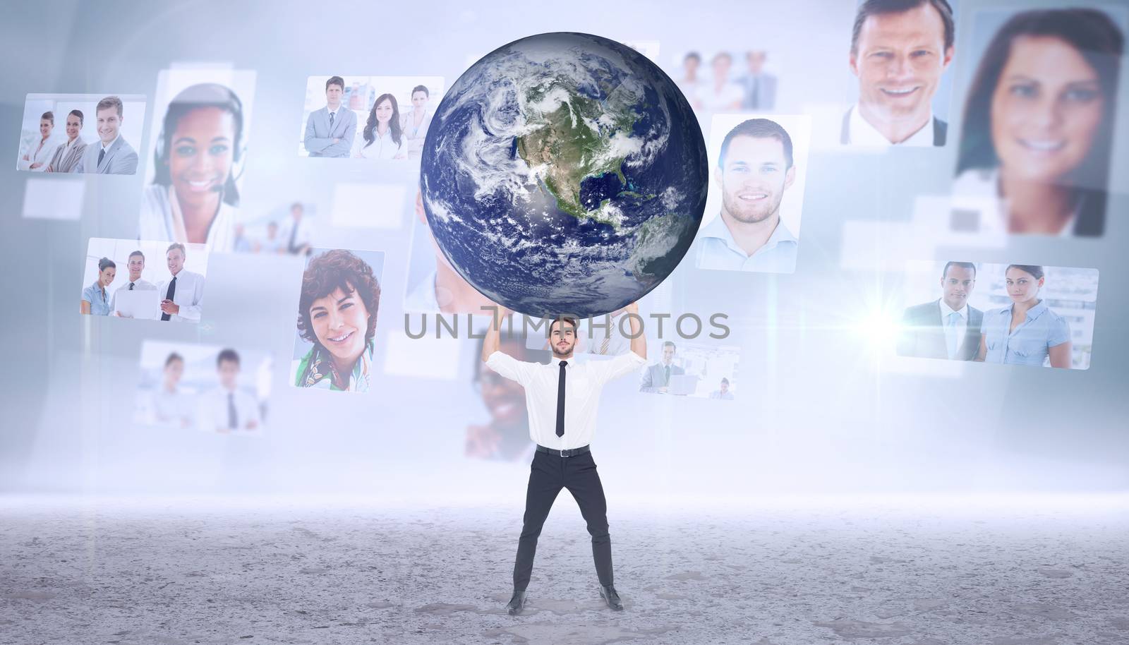 Businessman carrying the world against business people profiles