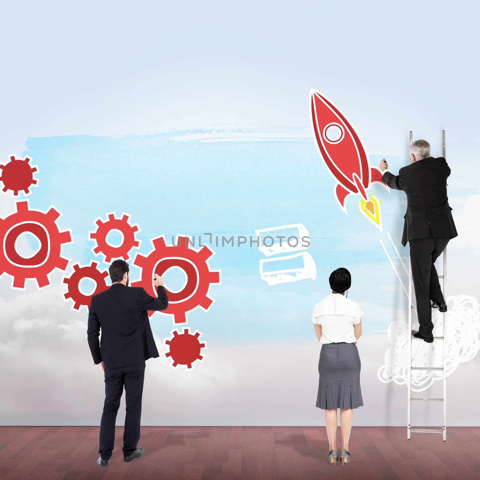 Business team writing against clouds in a room