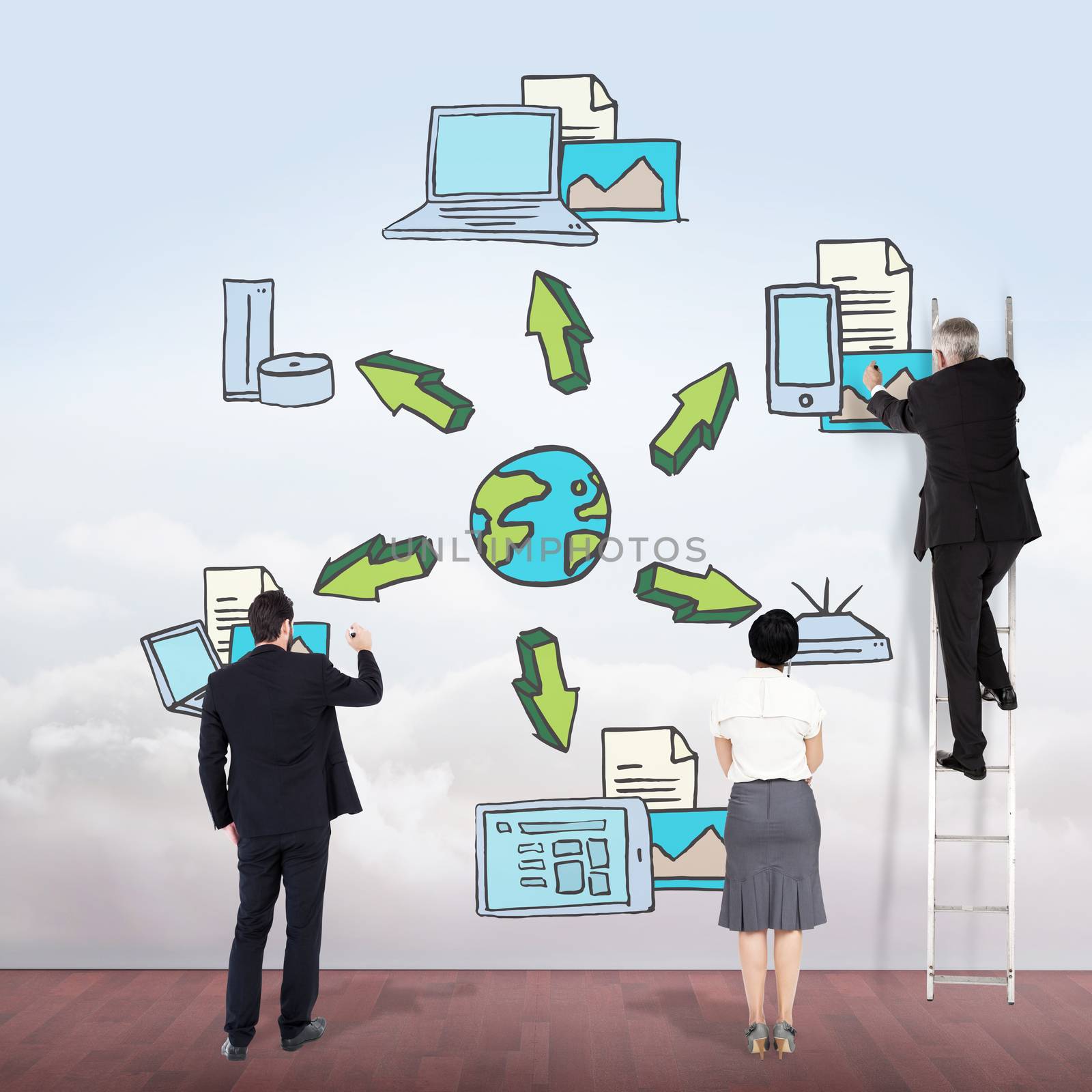 Business team writing against clouds in a room