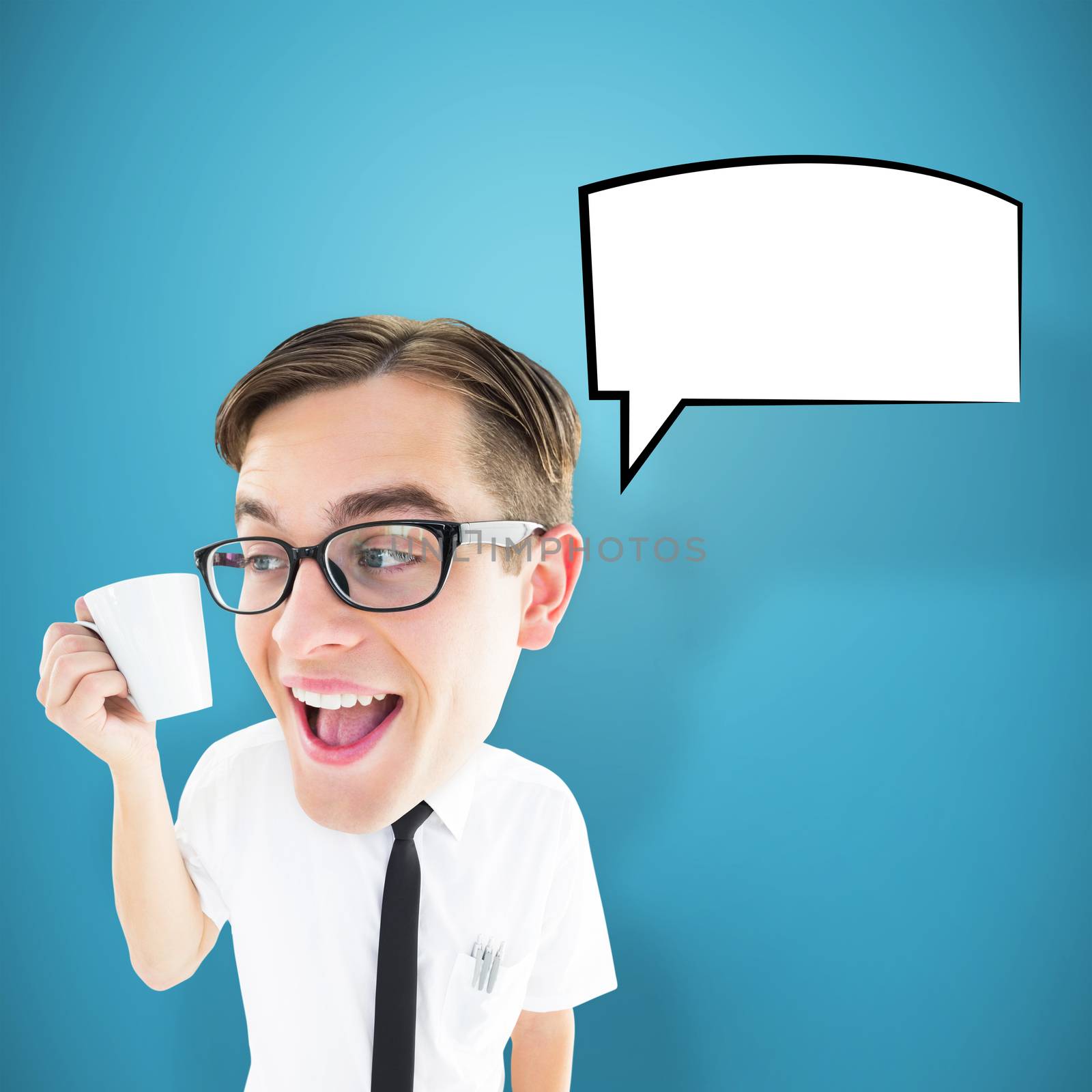 Geeky businessman holding mug against purple vignette