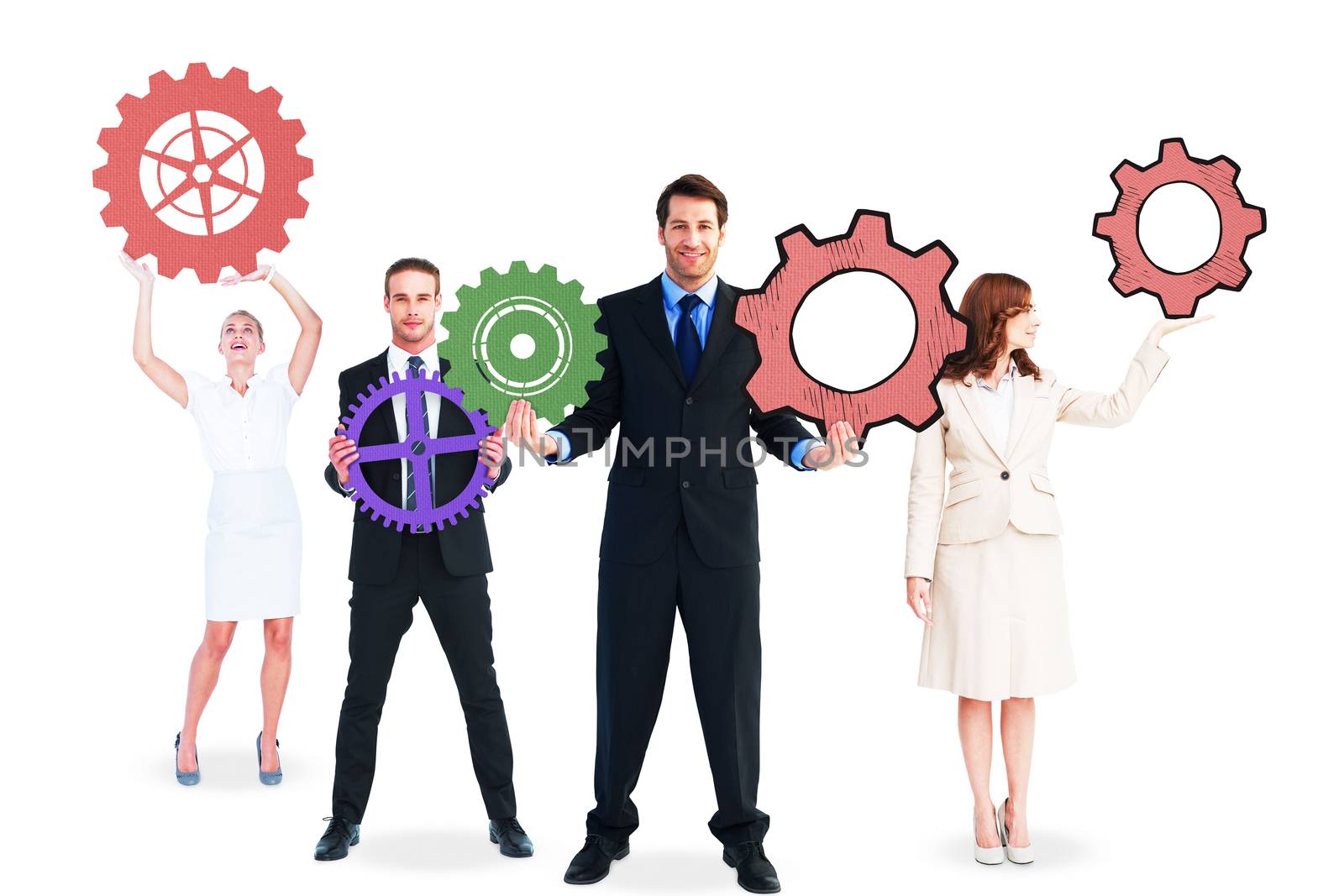 Business people with coloured cogs