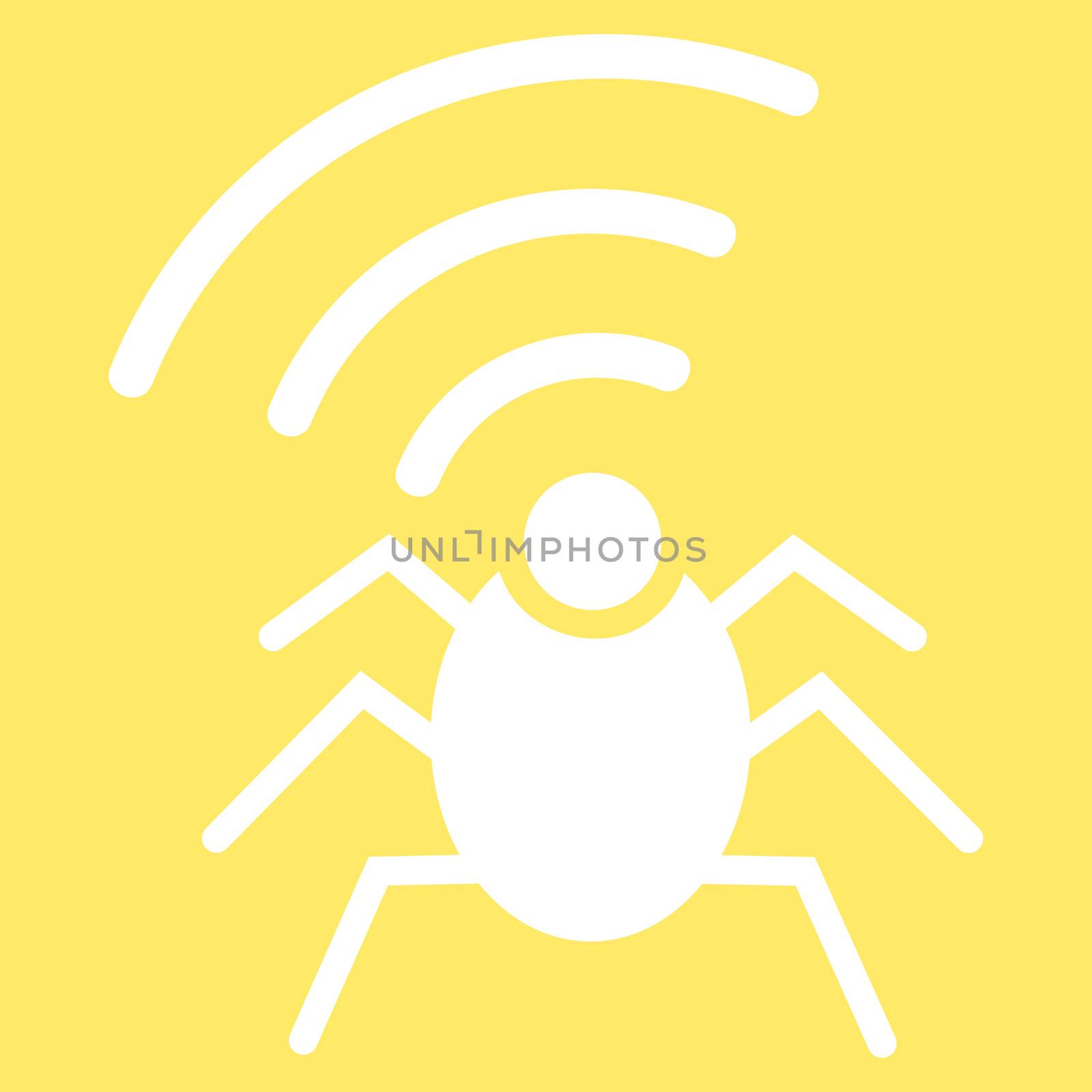 Radio spy bug icon from Business Bicolor Set. Glyph style is flat symbol, white color, rounded angles, yellow background.
