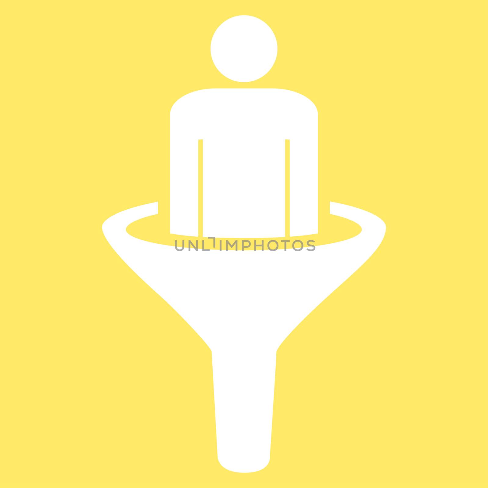 Sales funnel icon from Business Bicolor Set. Glyph style is flat symbol, white color, rounded angles, yellow background.