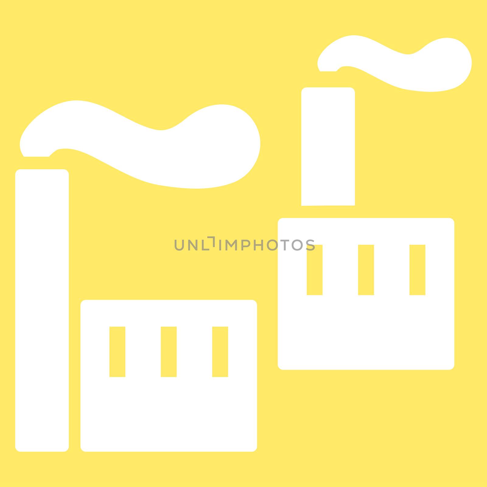 Industry icon from Business Bicolor Set. Glyph style is flat symbol, white color, rounded angles, yellow background.