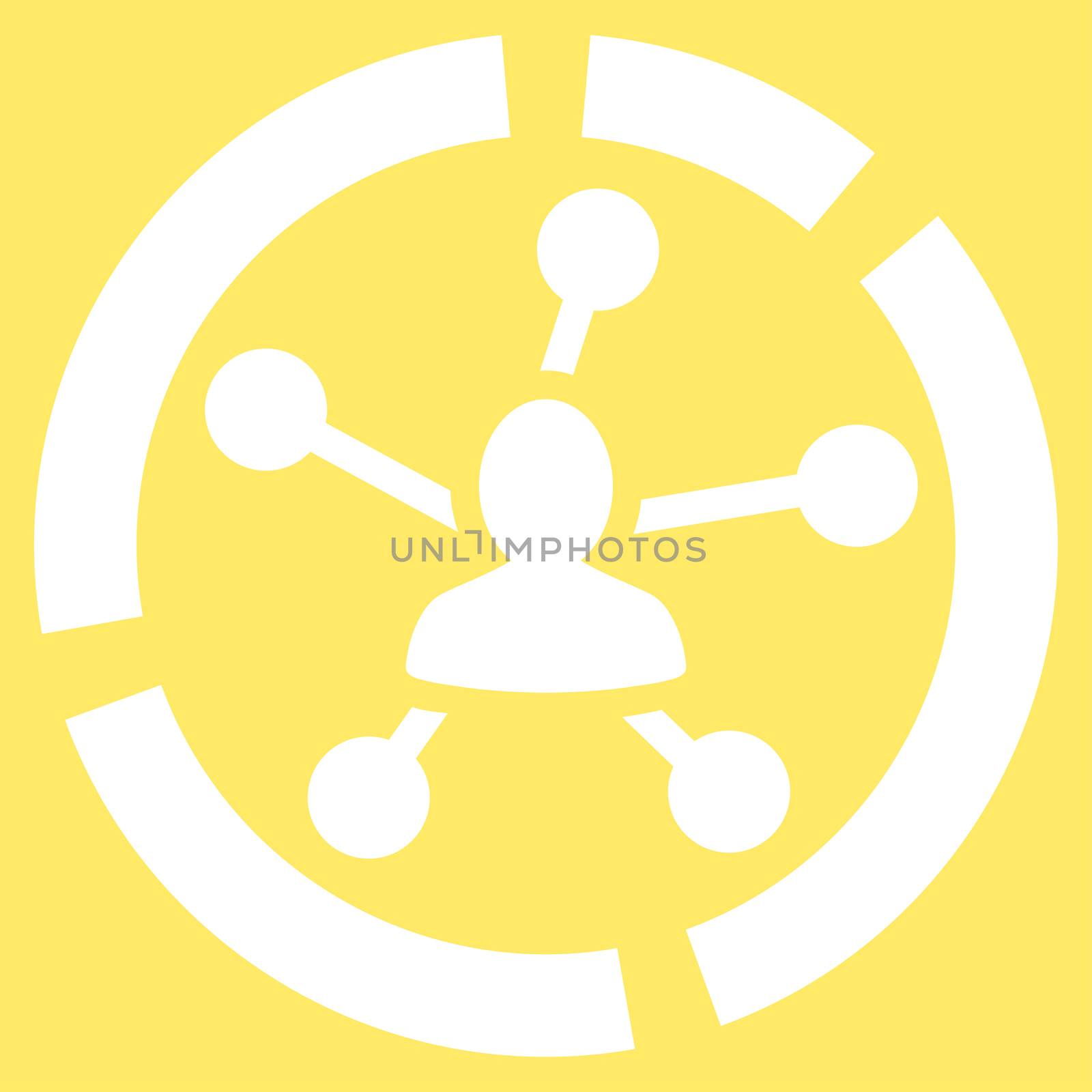 Relations diagram icon from Business Bicolor Set. Glyph style is flat symbol, white color, rounded angles, yellow background.