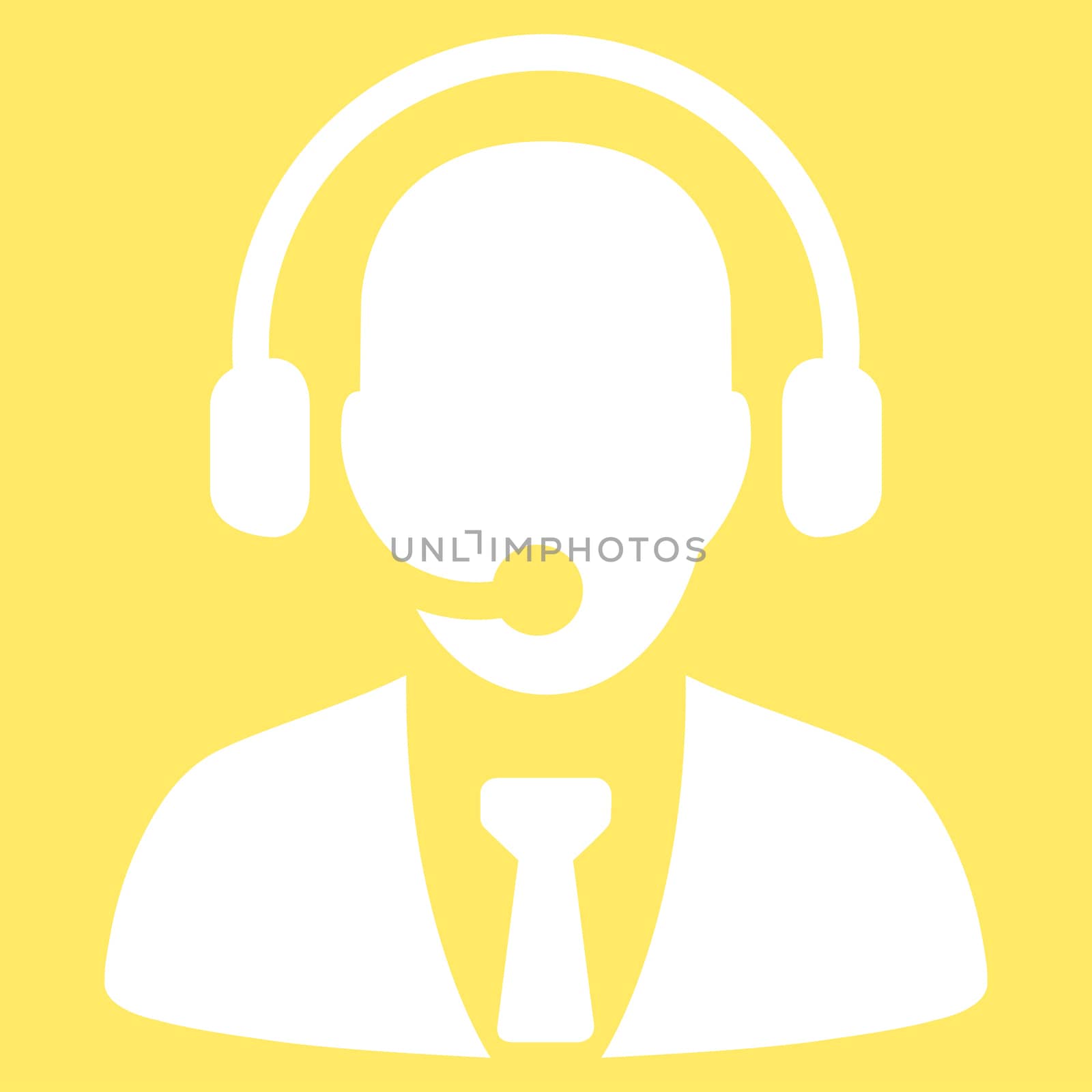 Call center icon from Business Bicolor Set. Glyph style is flat symbol, white color, rounded angles, yellow background.