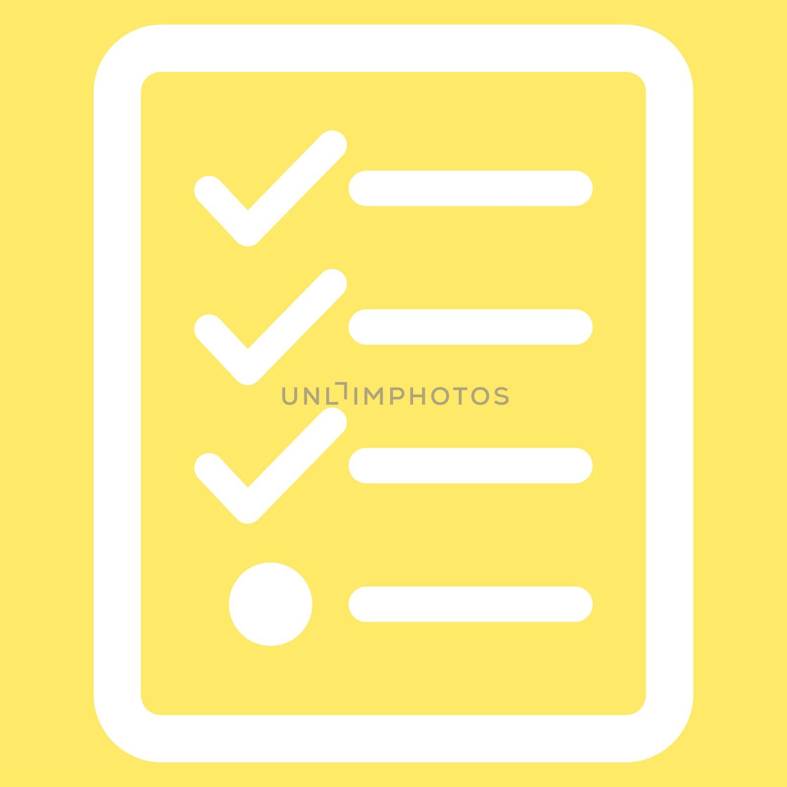 Checklist icon from Business Bicolor Set. Glyph style is flat symbol, white color, rounded angles, yellow background.