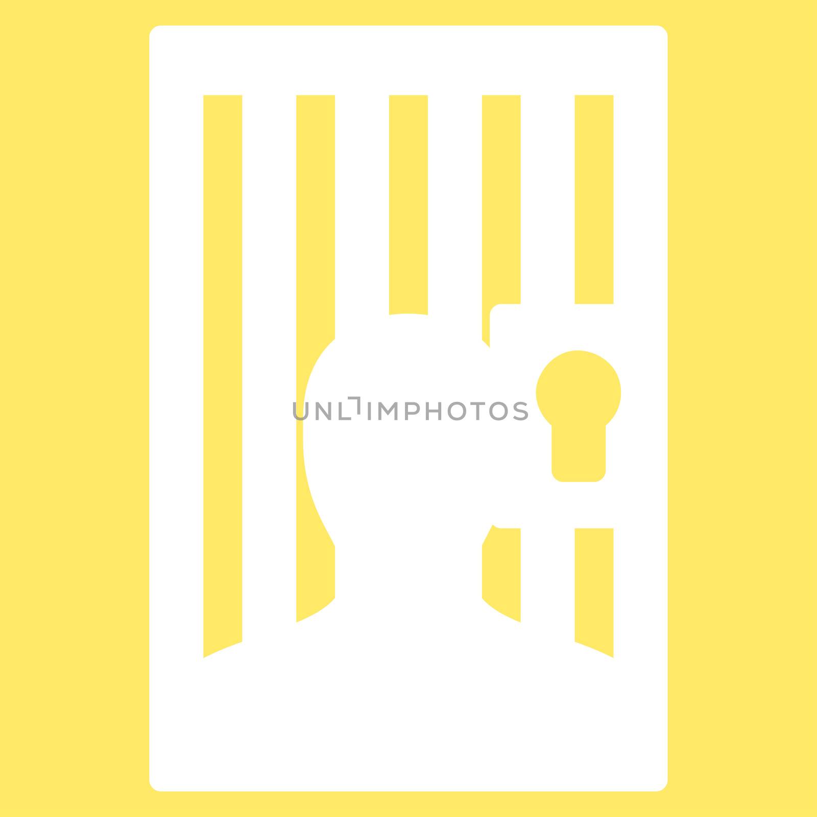Prison icon from Business Bicolor Set. Glyph style is flat symbol, white color, rounded angles, yellow background.