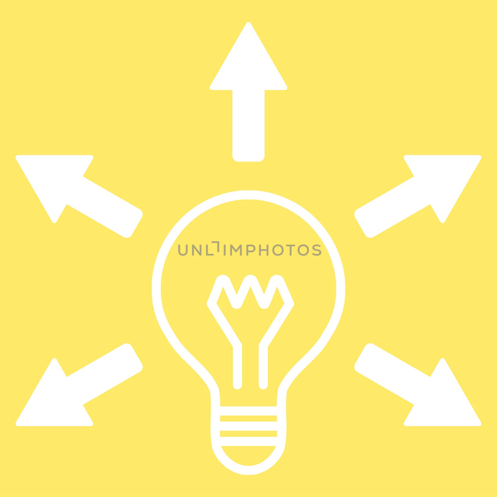 Idea icon from Business Bicolor Set. Glyph style is flat symbol, white color, rounded angles, yellow background.
