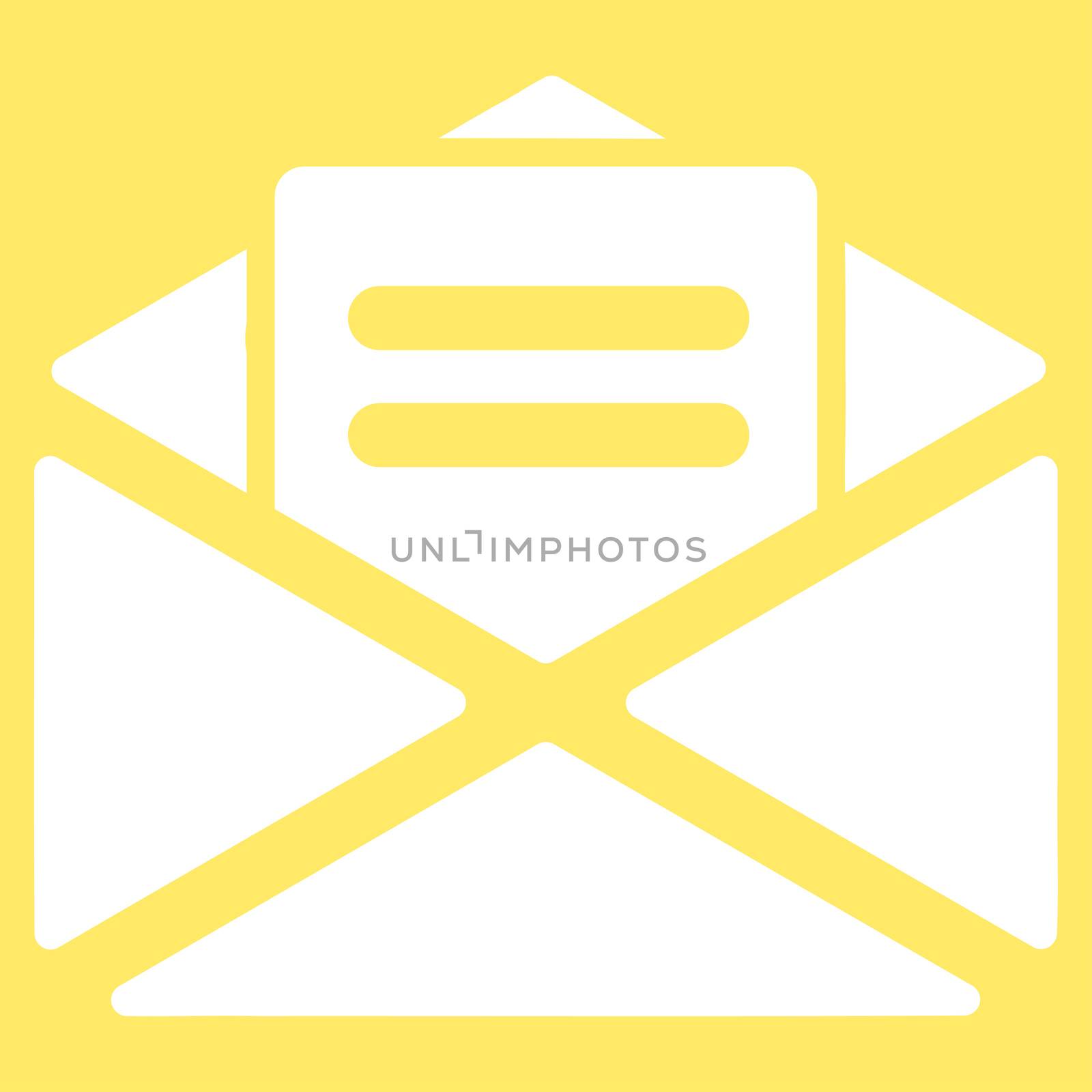 Open mail icon from Business Bicolor Set. Glyph style is flat symbol, white color, rounded angles, yellow background.