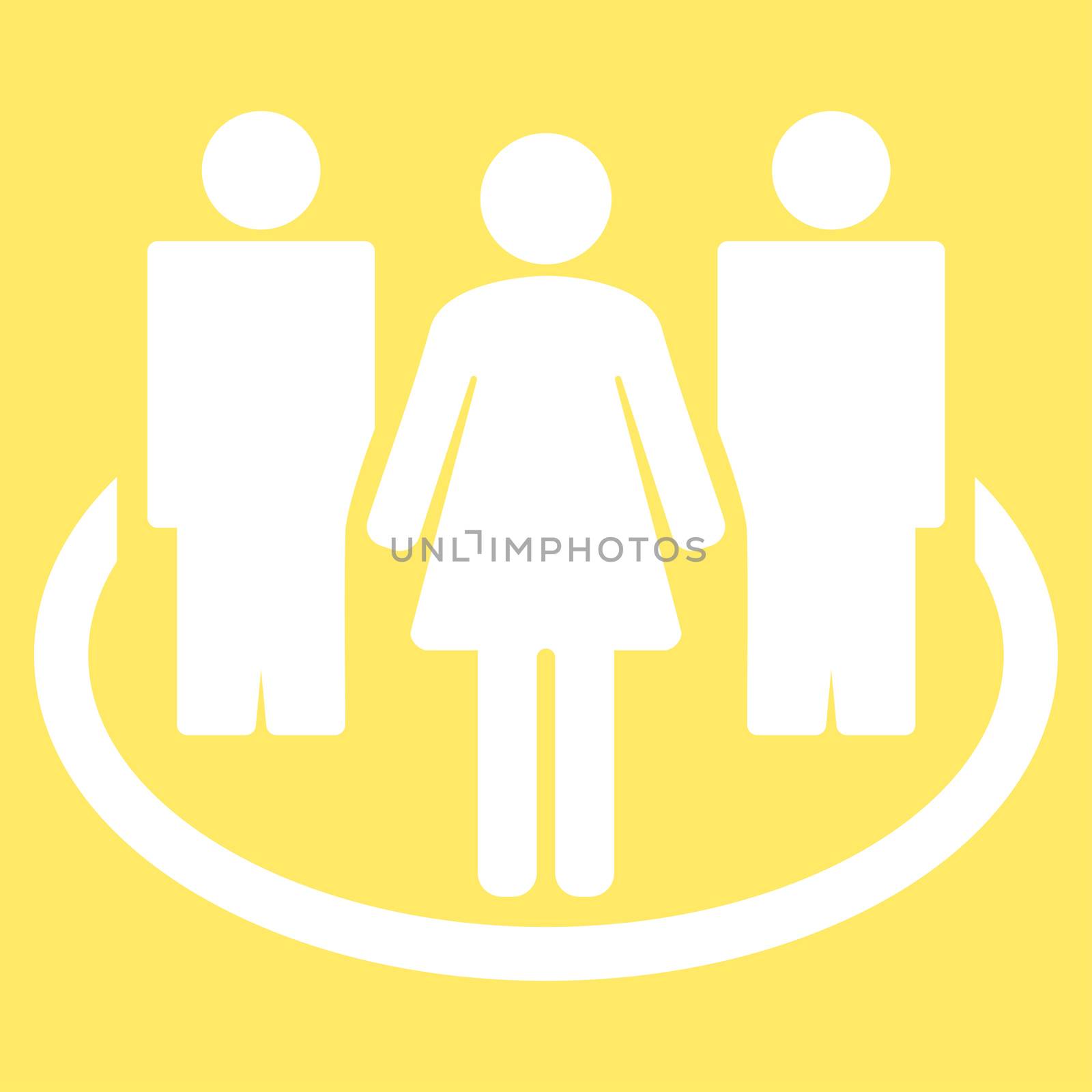 Society icon from Business Bicolor Set. Glyph style is flat symbol, white color, rounded angles, yellow background.