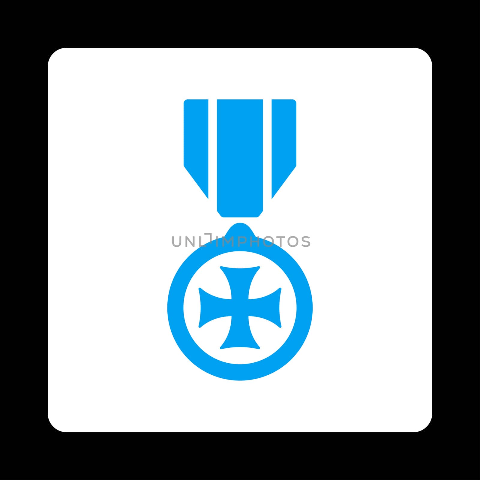 Maltese cross icon from Award Buttons OverColor Set. Icon style is blue and white colors, flat rounded square button, black background.