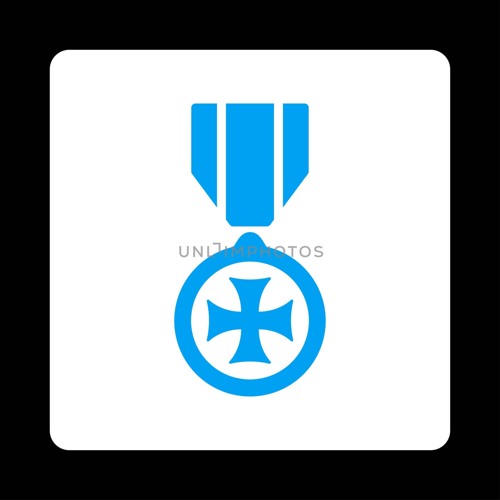 Maltese cross icon from Award Buttons OverColor Set. Icon style is blue and white colors, flat rounded square button, black background.