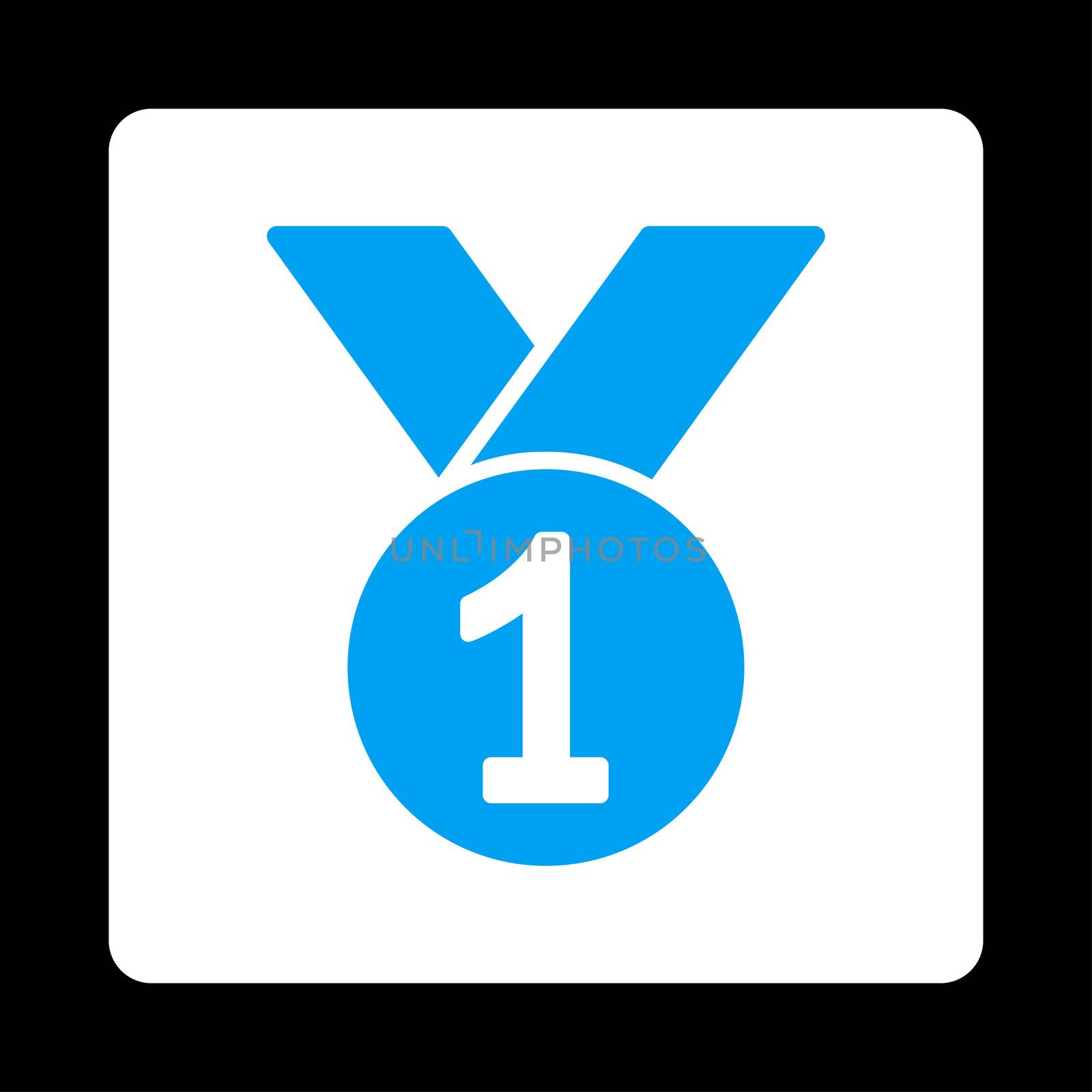 Gold medal icon from Award Buttons OverColor Set. Icon style is blue and white colors, flat rounded square button, black background.